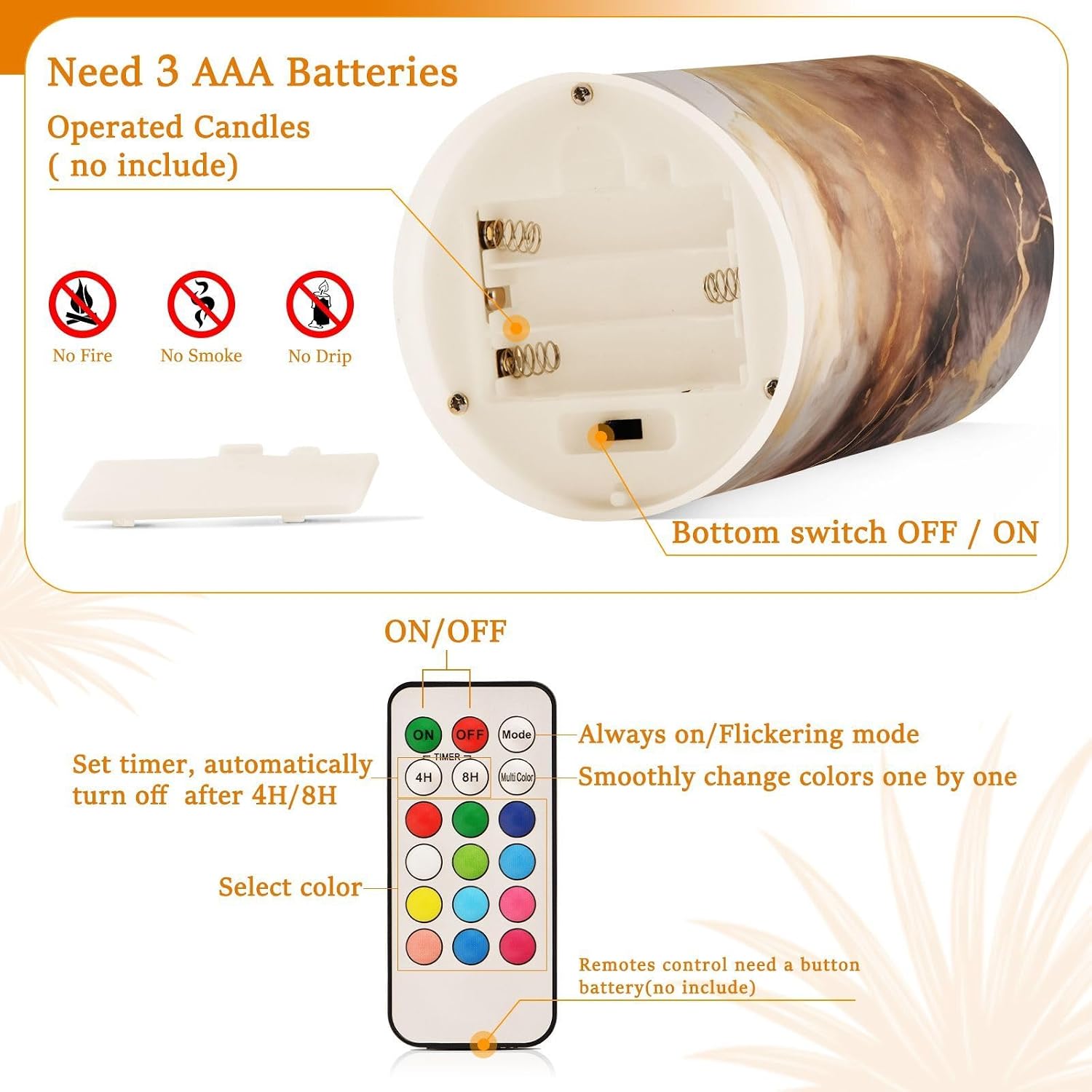 Flickering Flameless Candles, Brown White Marble LED Candles with Remote Timer, Set of 2 Battery Operated Candle for