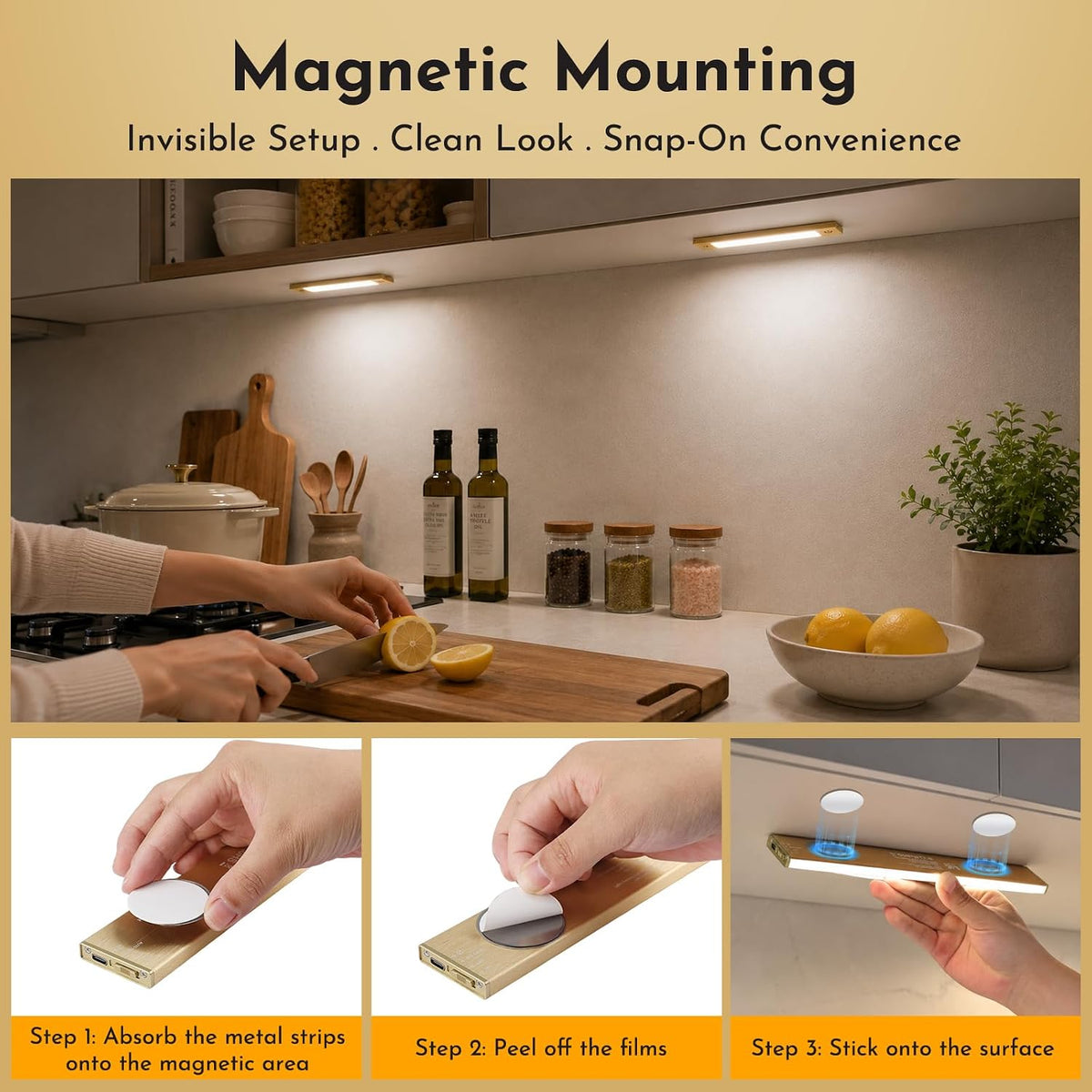 V4light Motion Sensor Cabinet Light, Rechargeable, Dimmable, 6Pcs, 9in | Gold aluminum, magnetic wireless, 1800mAh, 3