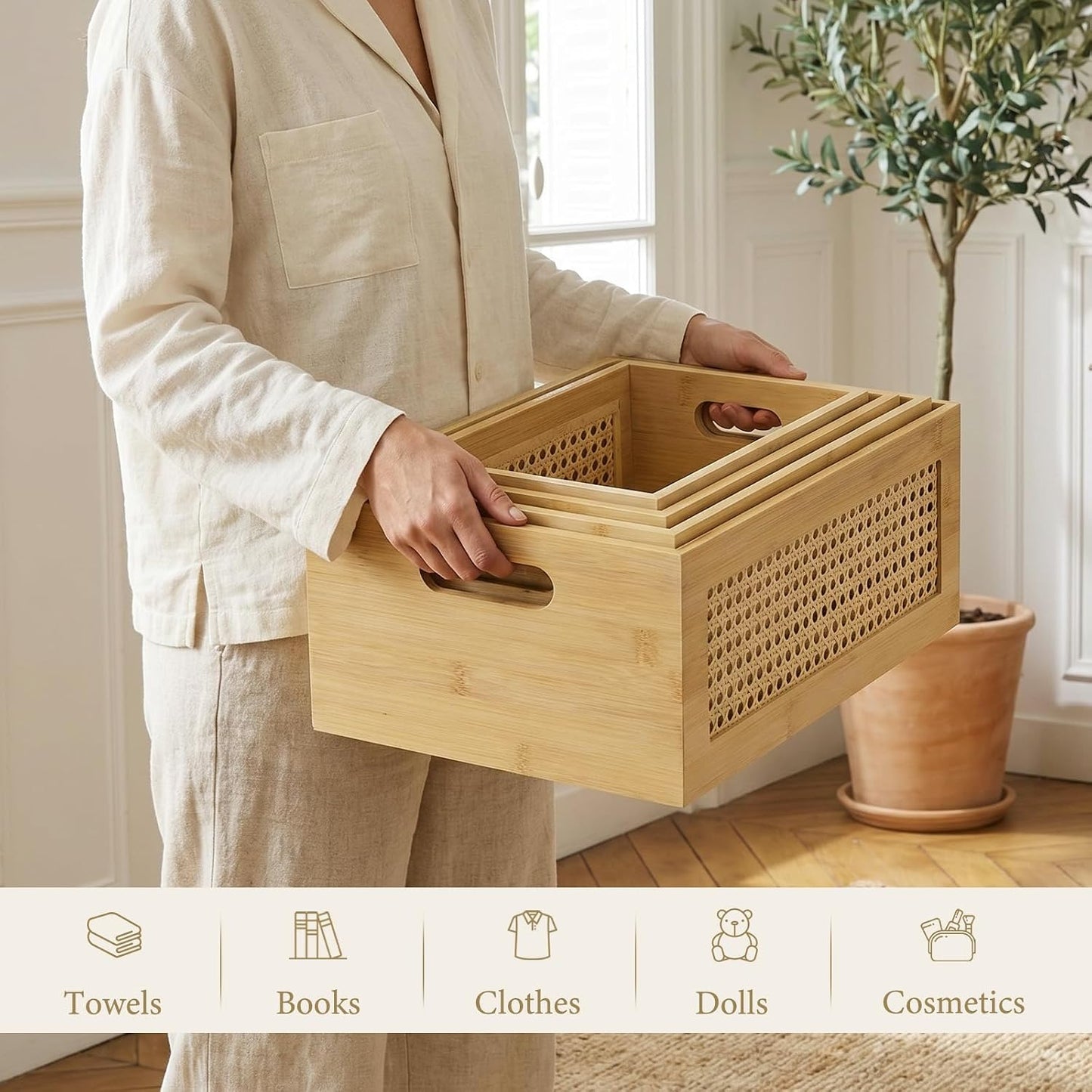 Rattan Storage Basket / Natural Tan / Set of 4