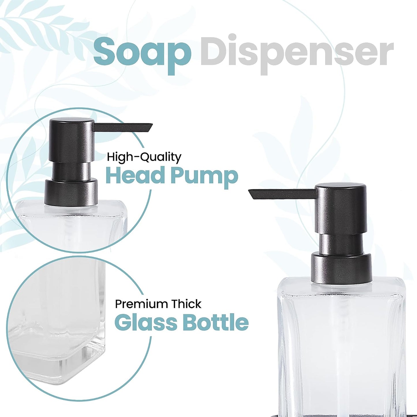 Square Glass Clear Lotion and Soap Pump Dispenser Set with Metal Stand Caddy for Bathroom Bath Kitchen Home Office