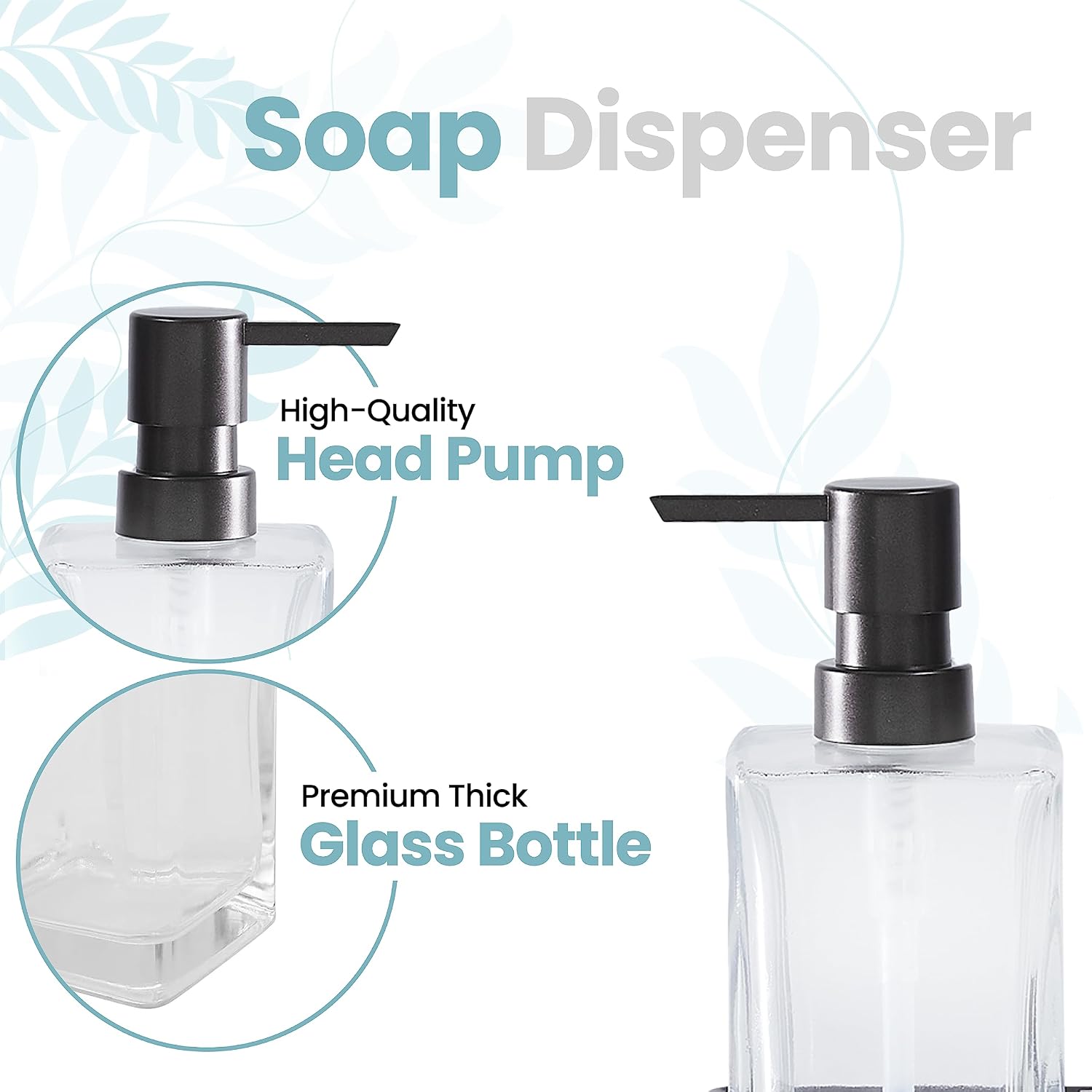 Square Glass Clear Lotion and Soap Pump Dispenser Set with Metal Stand Caddy for Bathroom Bath Kitchen Home Office