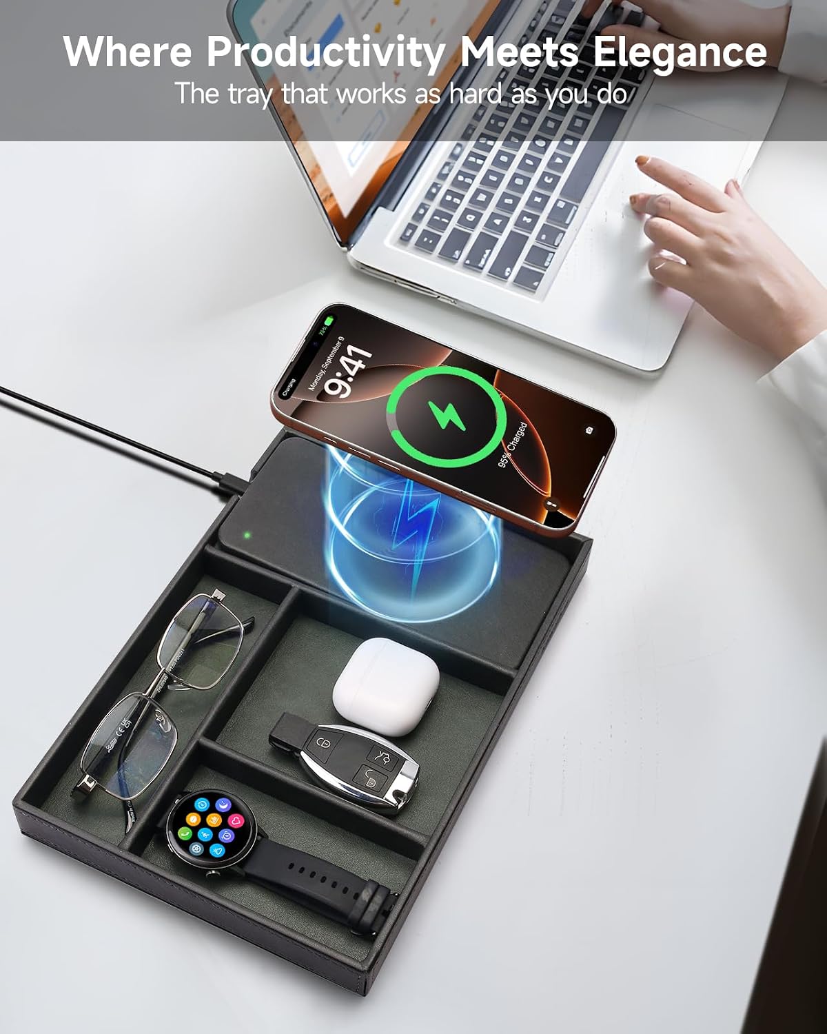 Valet Tray, Built in Wireless Charging Pad, Nightstand Organizer | Two-Toned Premium Leather Desk Bedside Caddy
