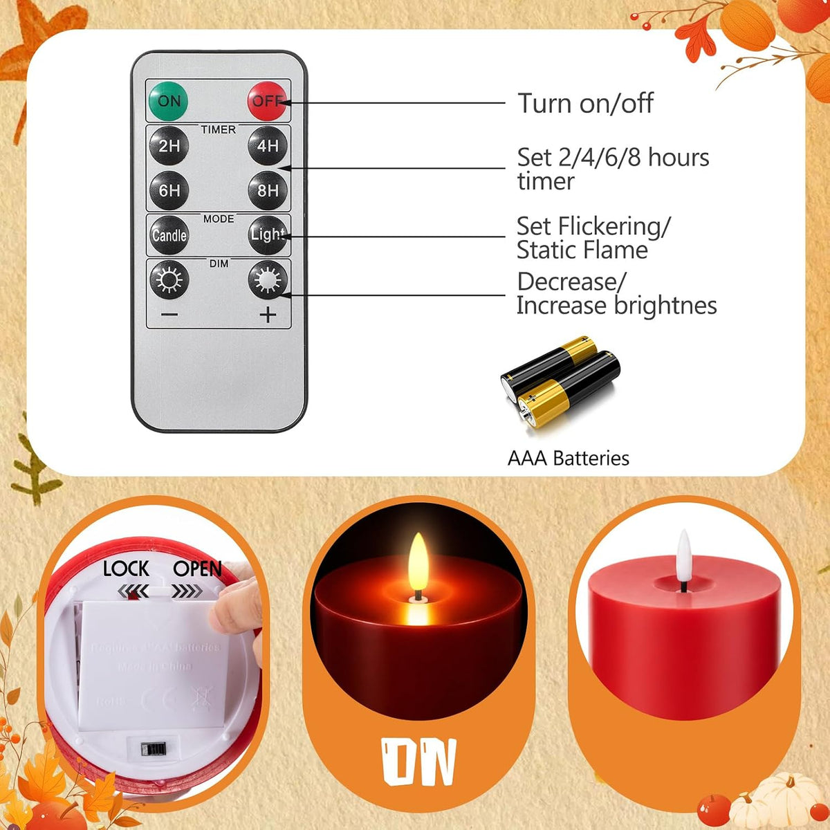 3 Pcs Fall 6/8/12 Inches Flameless LED Candles with Remote and 2/4/8h Timer Red Orange Brown Battery Operated Wax
