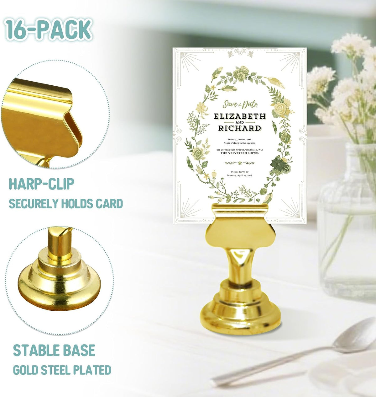 ERYTLLY 24 PK Place Card Holders 1.7 inches Table Card Holder Steel Card Holders for Weddings,Birthdays,Photos, Memo