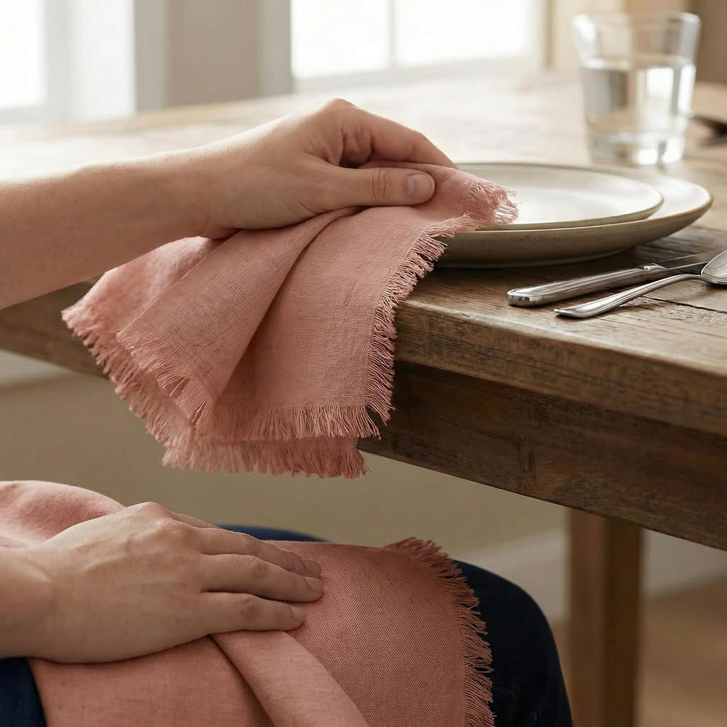 ACCENTHOME Blush Cotton Linen Napkin Set of 12 18x18 inch Dinner Napkins | Cotton Linen Blend Napkins, Machine Wash On