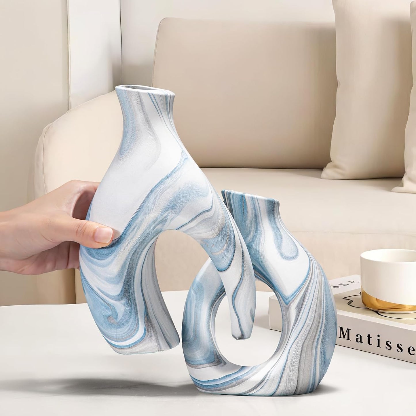 Snuggle Hollow Vase Ceramic / Blue Donut / Set of 2