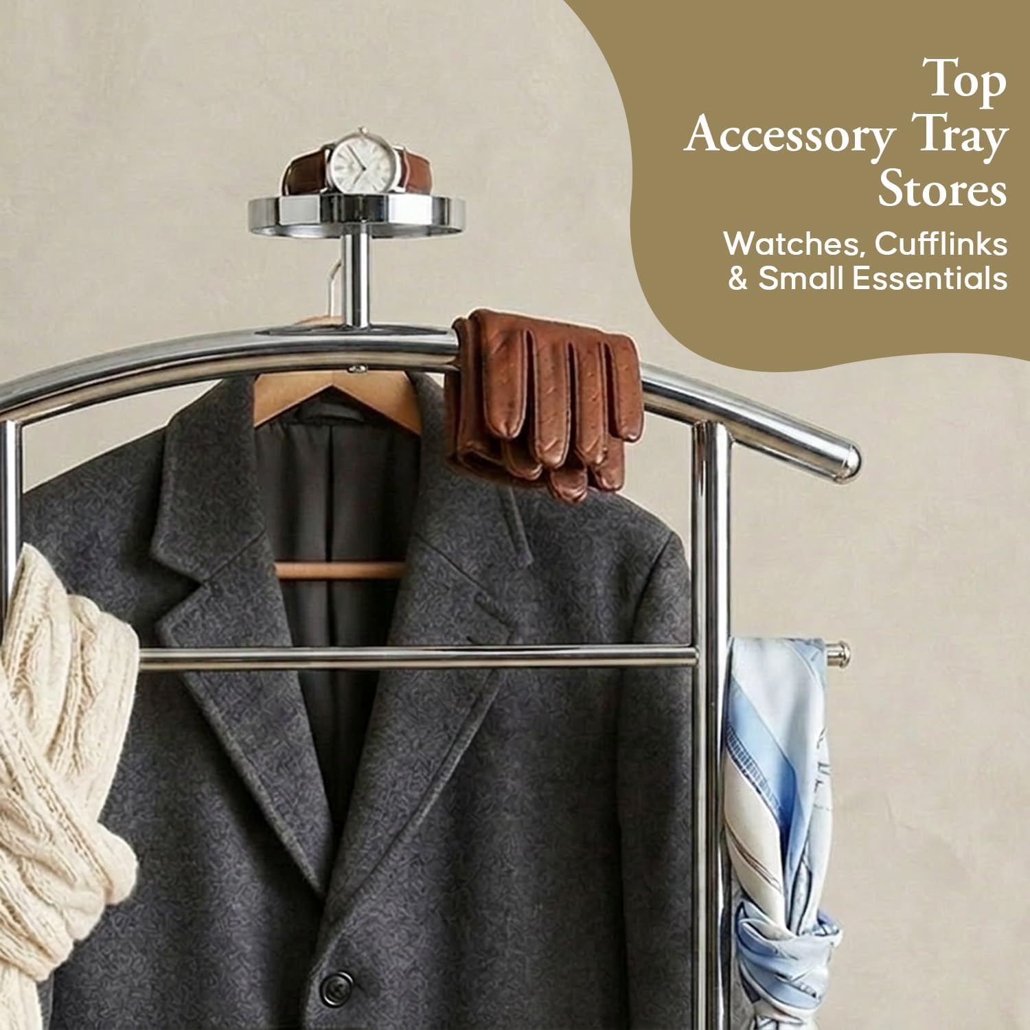 Kings Brand Freestanding Metal Suit Valet Stand with Tie Bar, Chrome | Complete Clothing Organizer with Hanger, Trouser