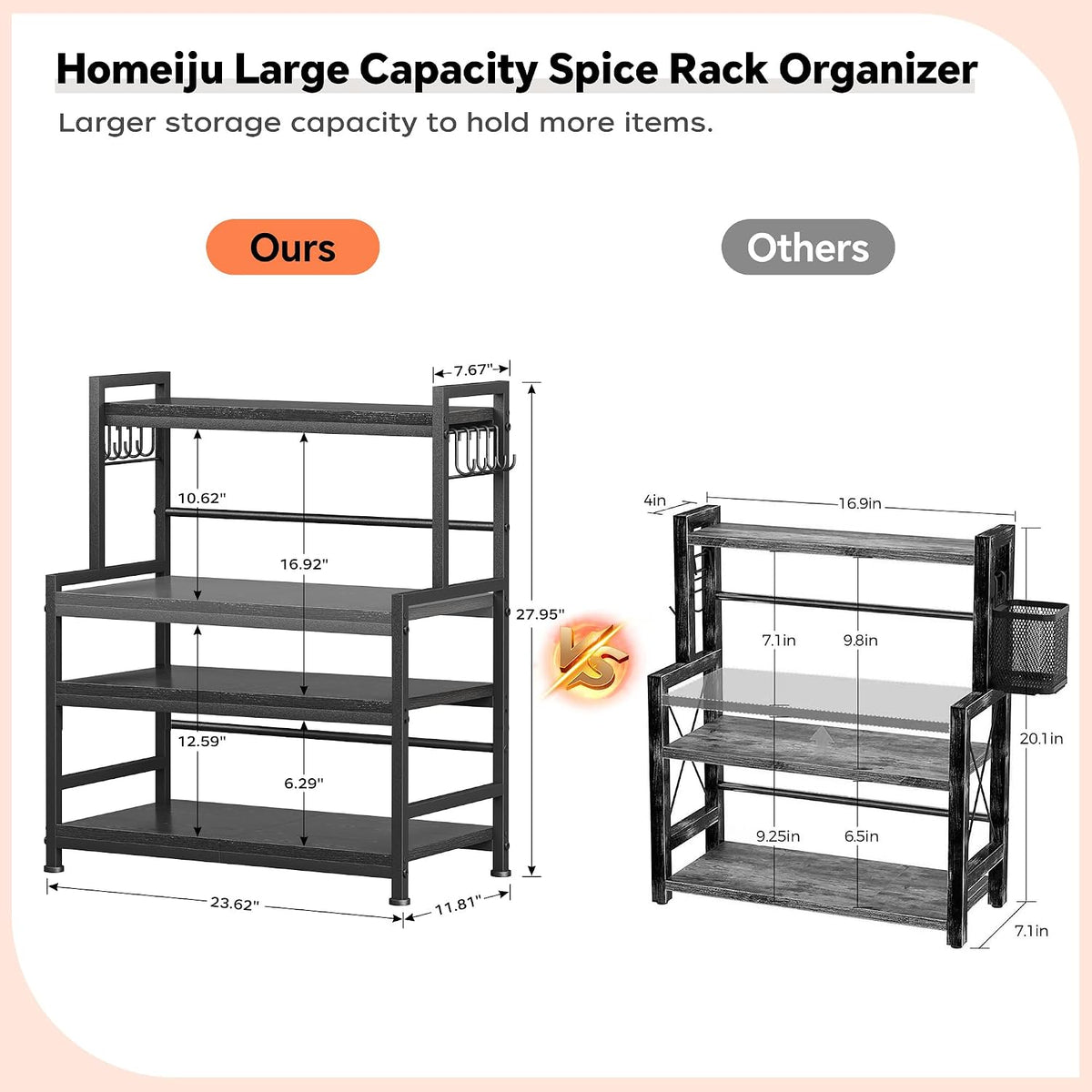 23.6"W Large Kitchen Countertop Organizer, 3 Tier Spice Rack Organizer with Adjustable Shelf and 10 Hooks, Wooden