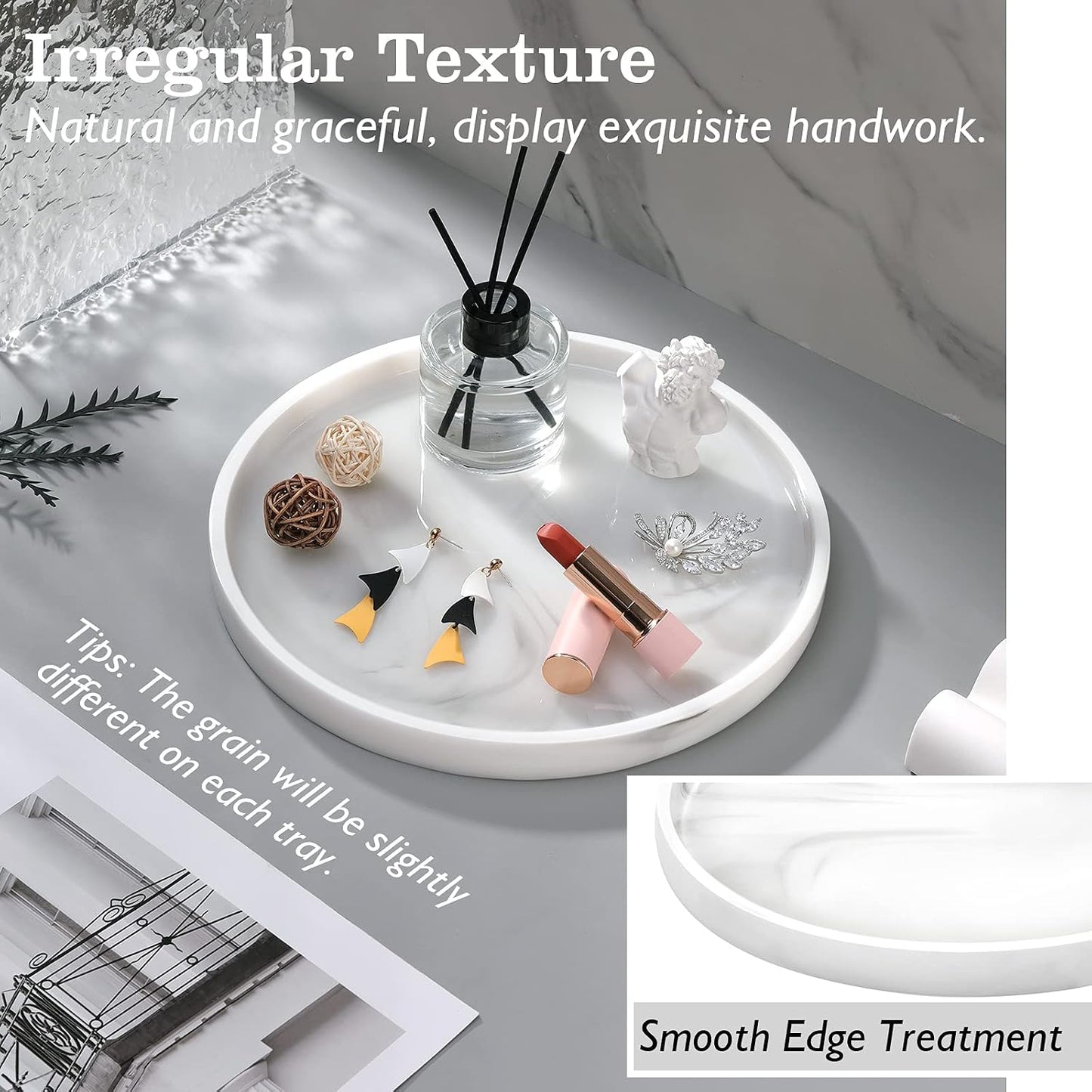 Vanity Tray / Resin Round Tray Decorative Storage Organizer / Round Marble White