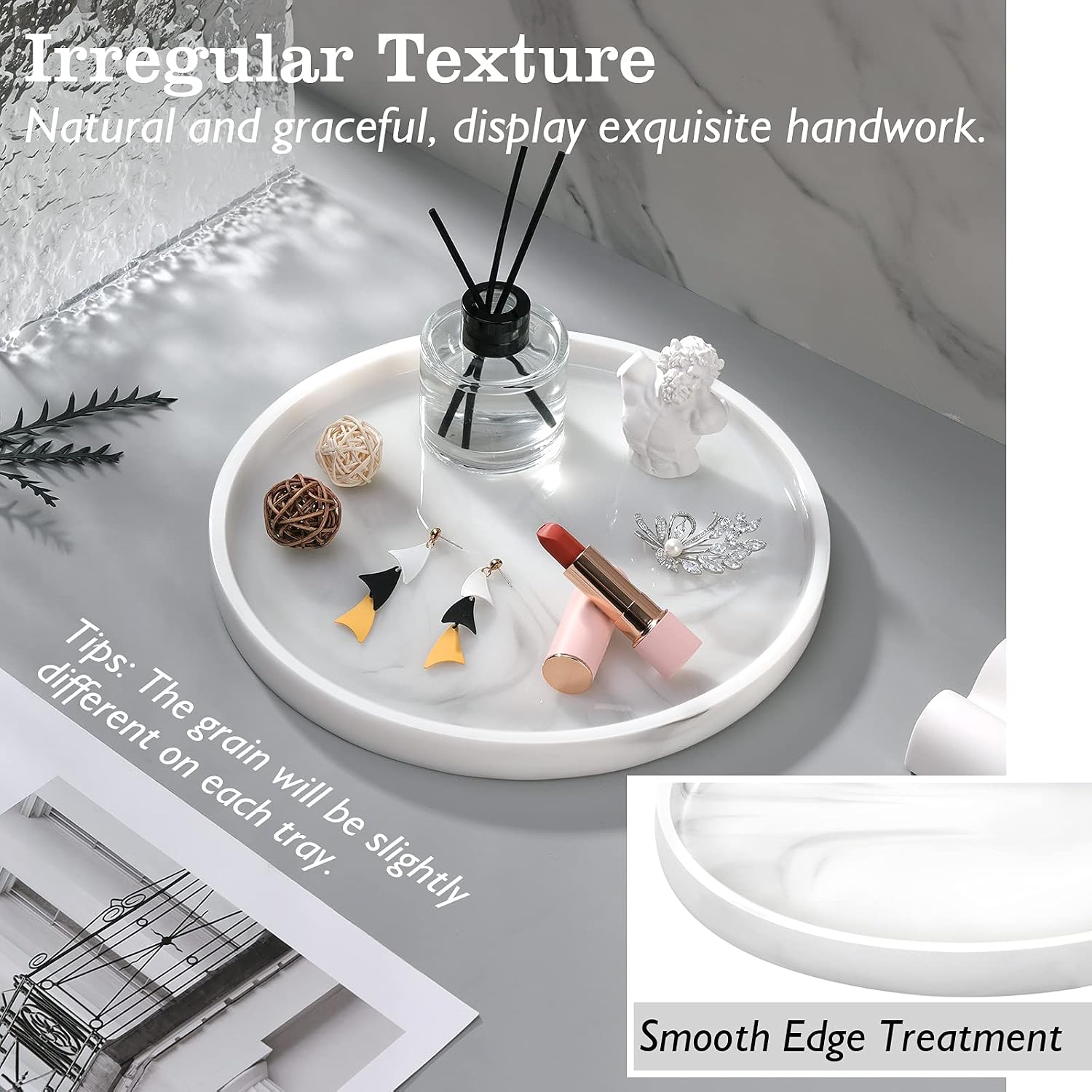 Vanity Tray / Resin Round Tray Decorative Storage Organizer / Round Marble White