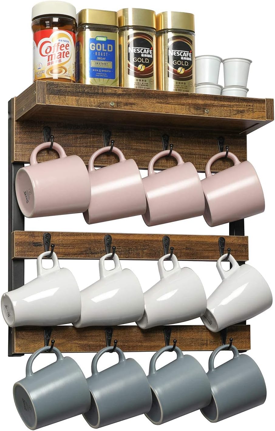 OROPY Coffee Mug Rack Wall Mounted, Rustic Wood Cups Rack, 12 Hooks & Shelf | Coffee Mug Holder for Home Kitchen