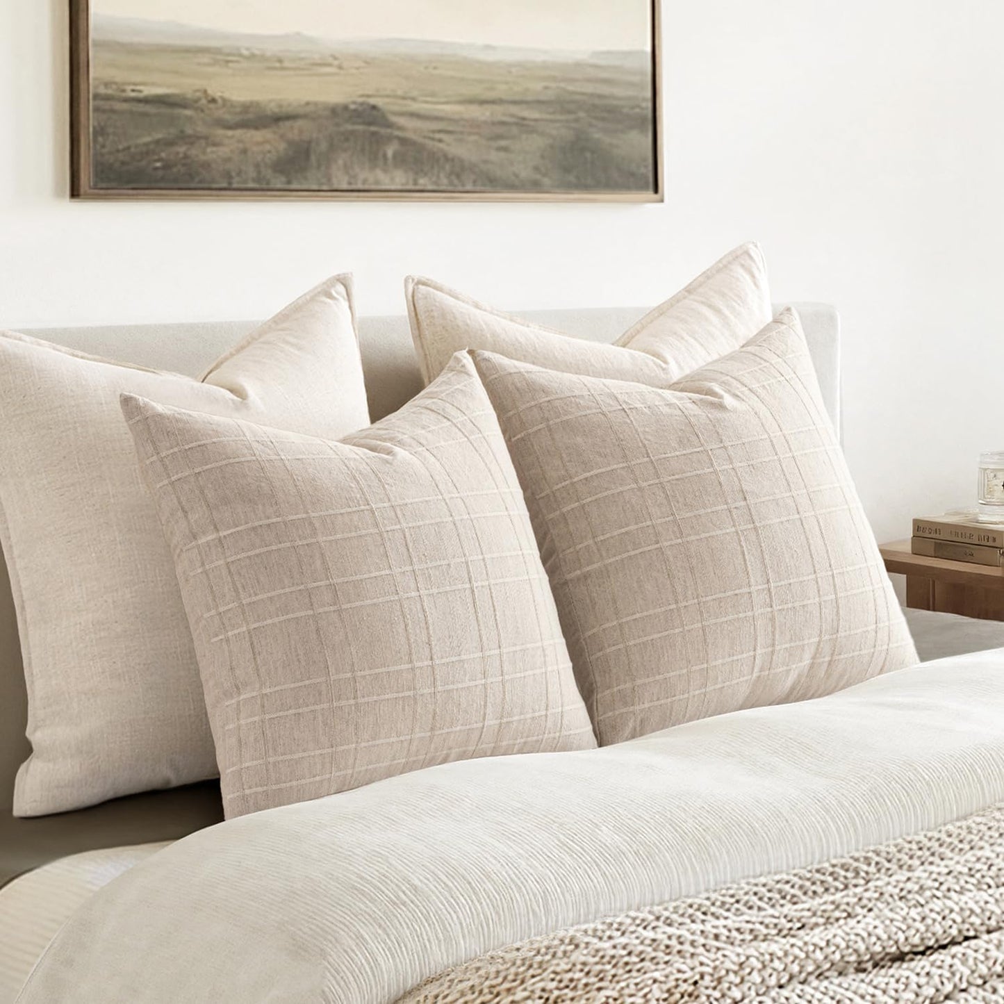 Decorative Linen Check Throw Pillow Covers Neutral Farmhouse / 18 x 18 / Natural Beige / Set of 2