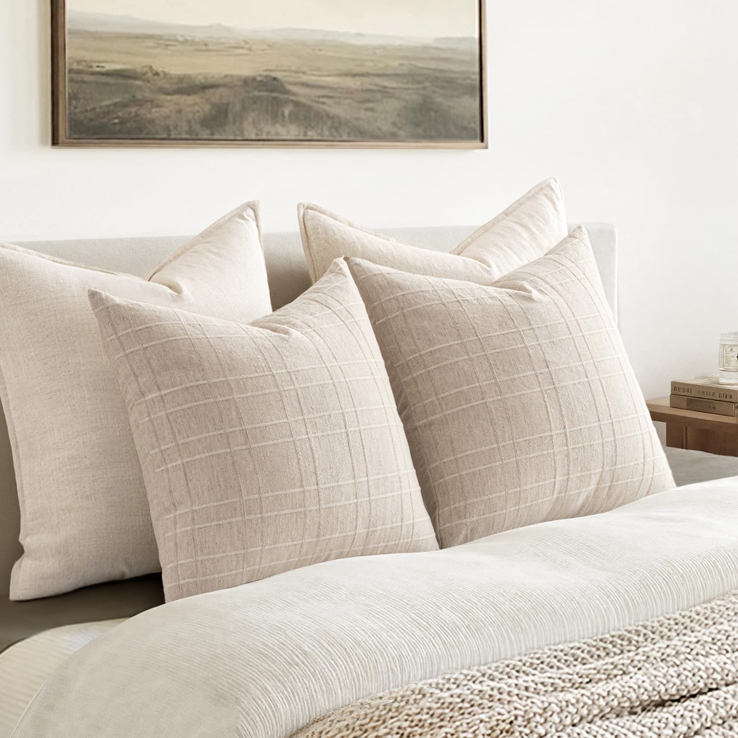 Decorative Linen Check Throw Pillow Covers Neutral Farmhouse / 18 x 18 / Natural Beige / Set of 2