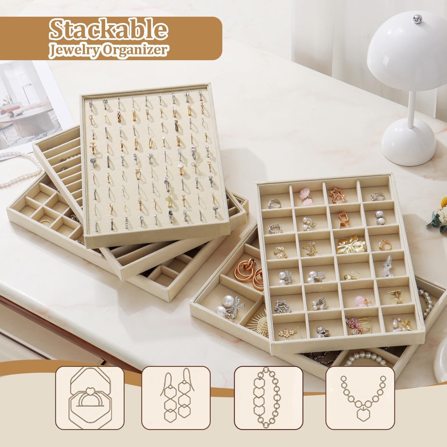 Large Velvet Jewelry Tray Stackable Jewelry Display Drawer Inserts / Beige / 16 Grids / Set of 2