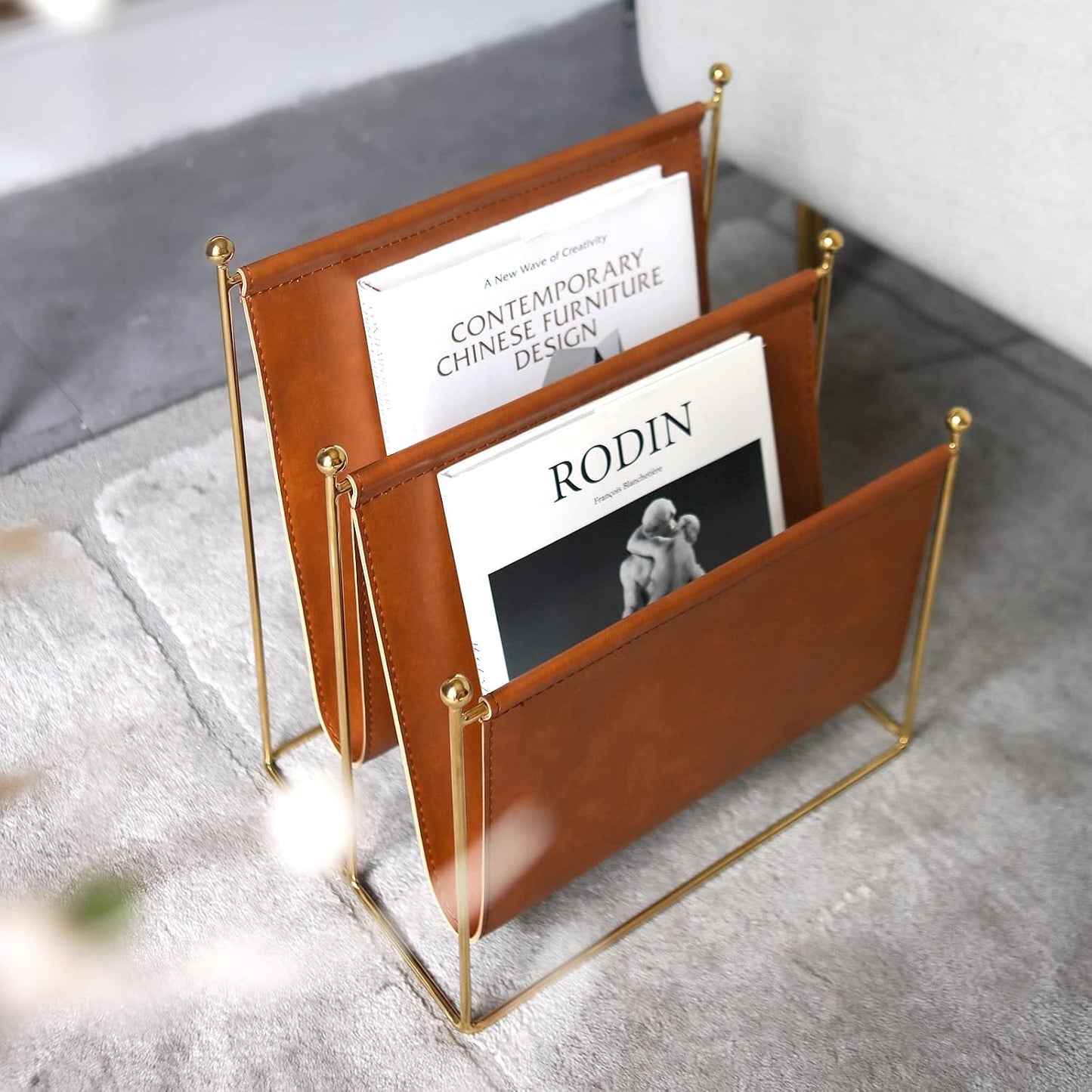 Plated Metal Wire and Leatherette Magazine Holder Rack, 2-Slot Standing Rack for Magazines, Books, Newspapers, Home