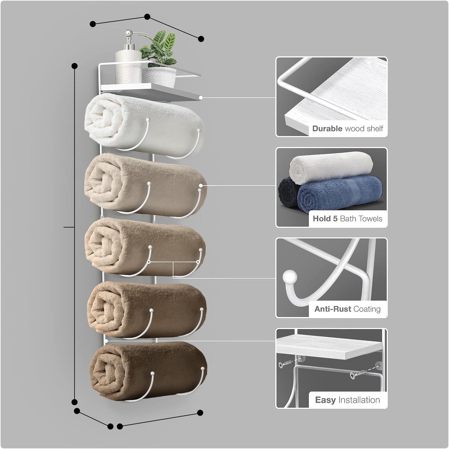 Sorbus Wall Towel Rack, 5-Tier Wood Shelf, Wall Mounted (White) | Five-tier metal holder for rolled bath towels