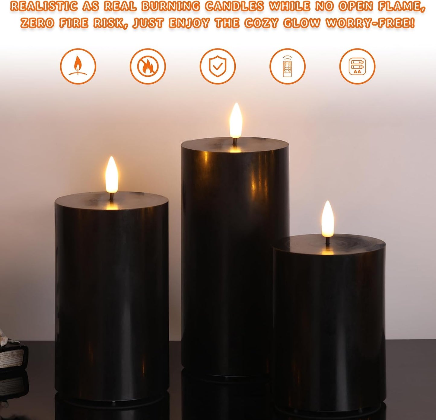Black Halloween Flameless Pillar Candles with Remote Set of 3 | Flickering LED Candles, 2 AA Battery Power, Flat Top