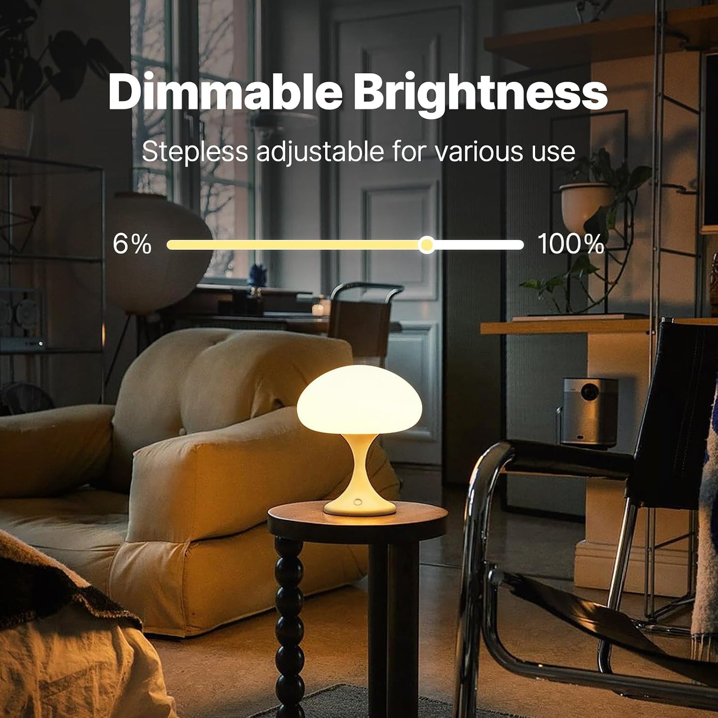 Mushroom Lamp, 5W LED Cordless Rechargeable Table Lamp with Glass Shade, Small Retro Dimmable Touch Light with 3 Color