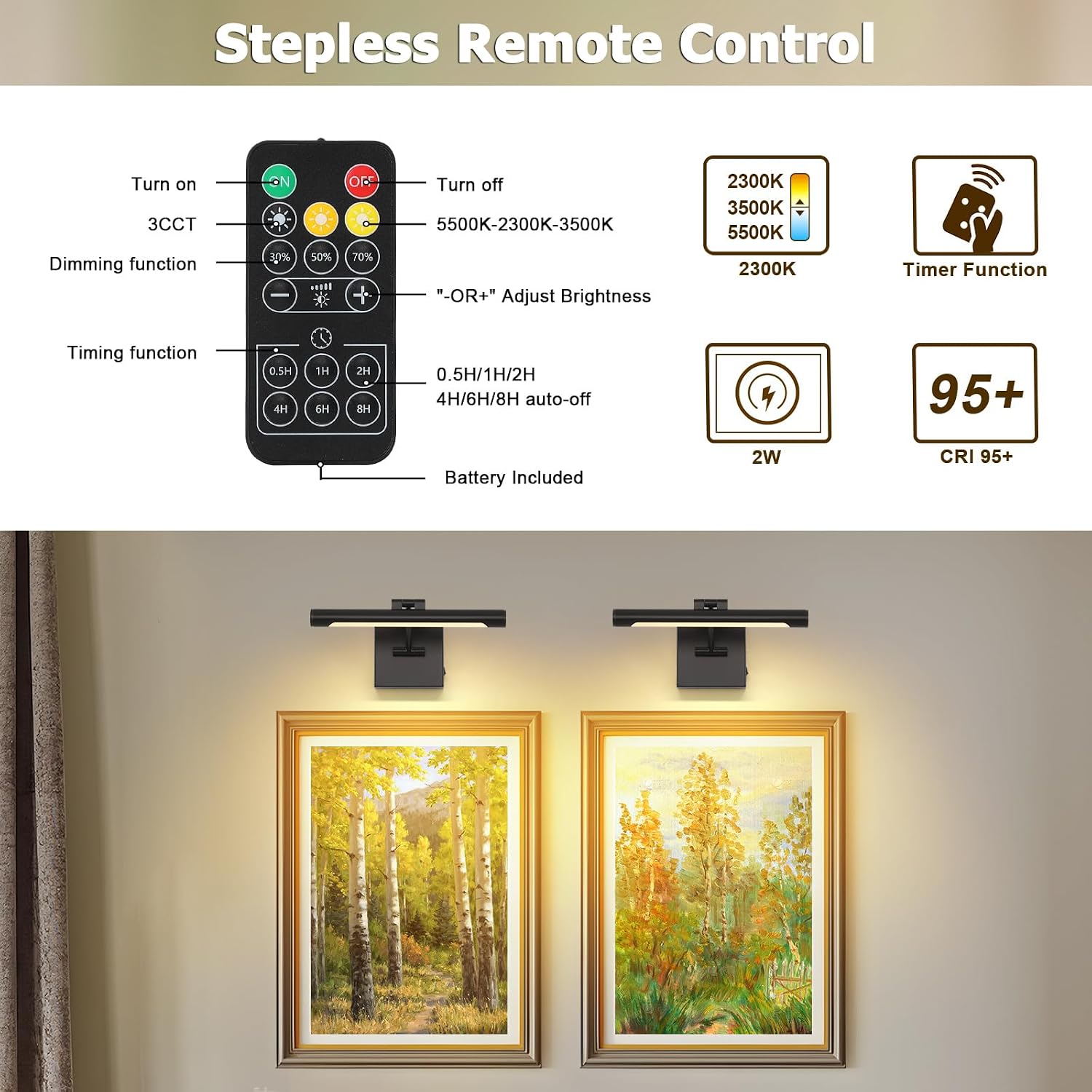 Joosenhouse Battery Operated Picture Light (2-Pack), 5000mAh Rechargeable Wall Light, Wireless Art Display Light with