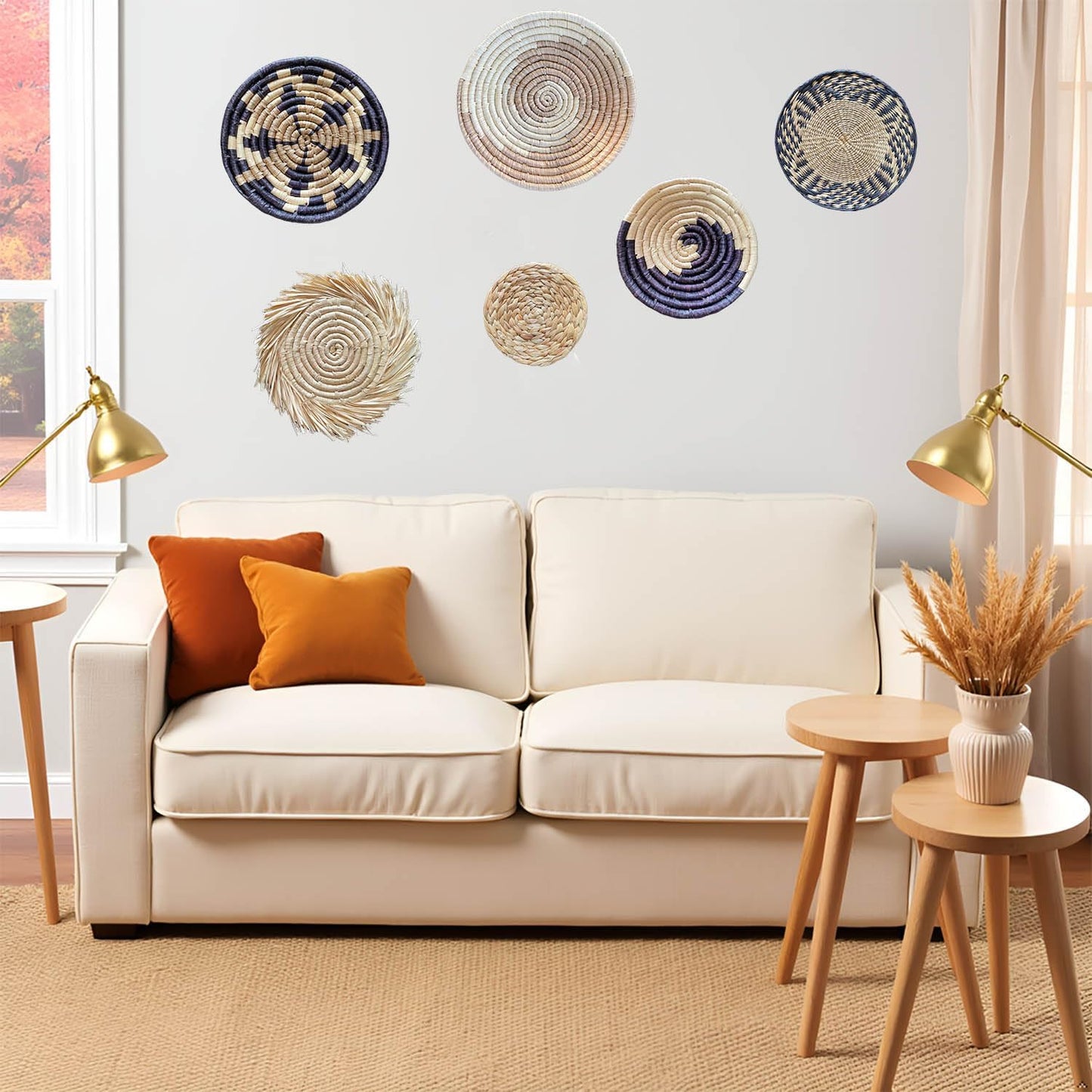 Boho Round Handmade Wall Basket Decor / Bohemian / Natural / Set of 6