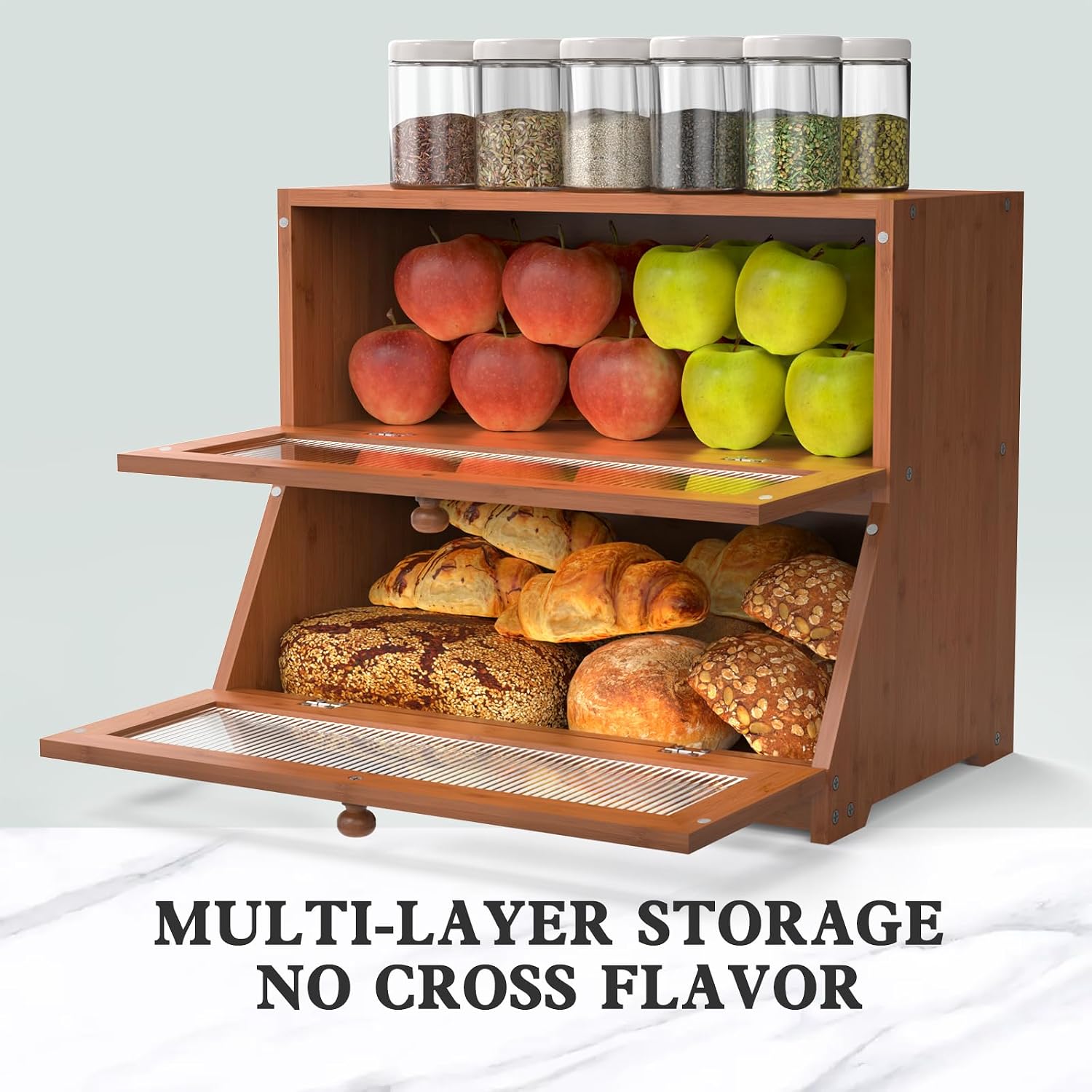 LOHASOK Bread Box for Kitchen Countertop,Brown | 2-layer, Bamboo, Large, Farmhouse Bread Container Holder Storage