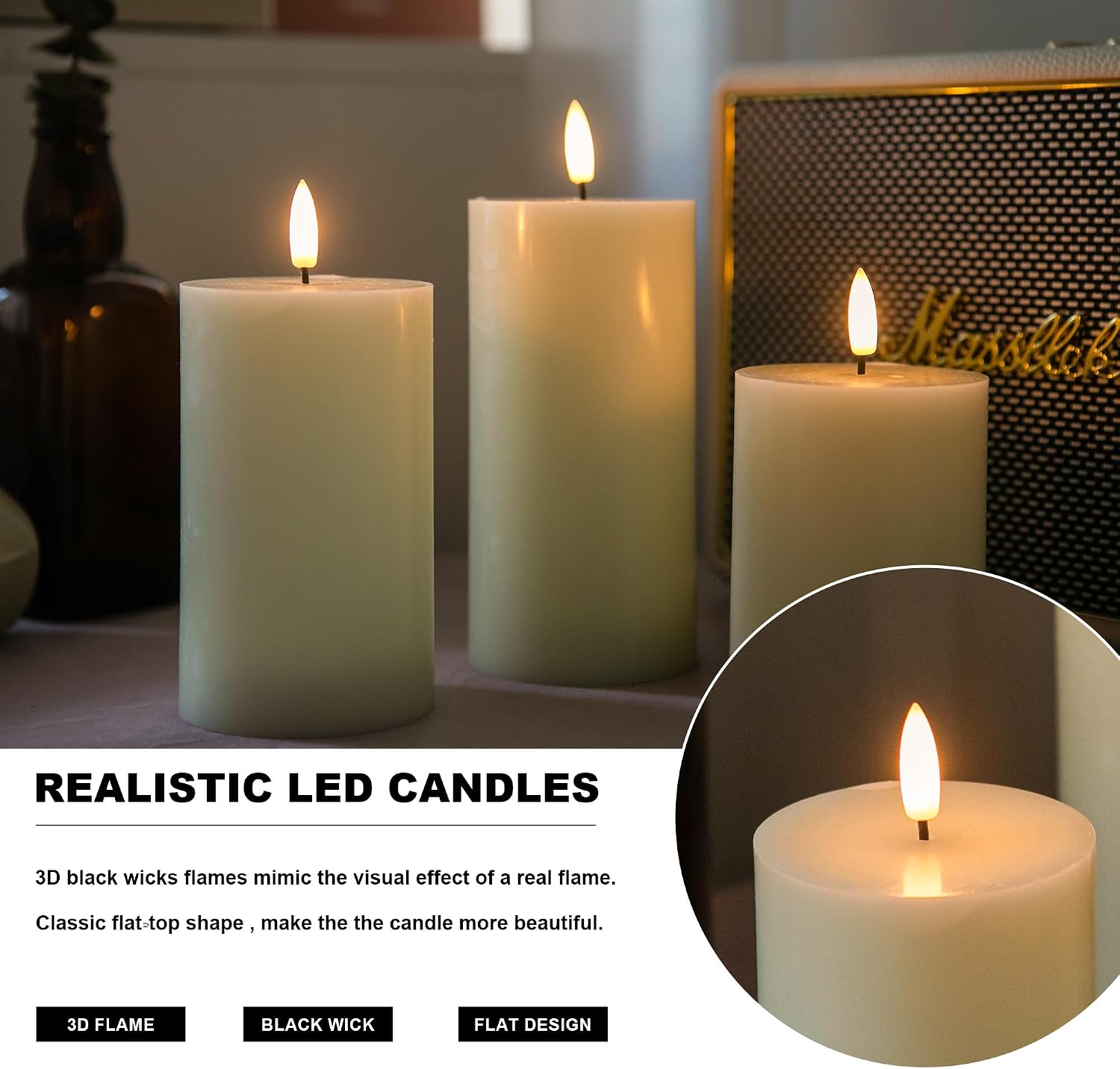 Flickering Flameless Candles, Real Wax Battery Operated Candles with Remote, Flat Top Led Flameless Pillar Candles for