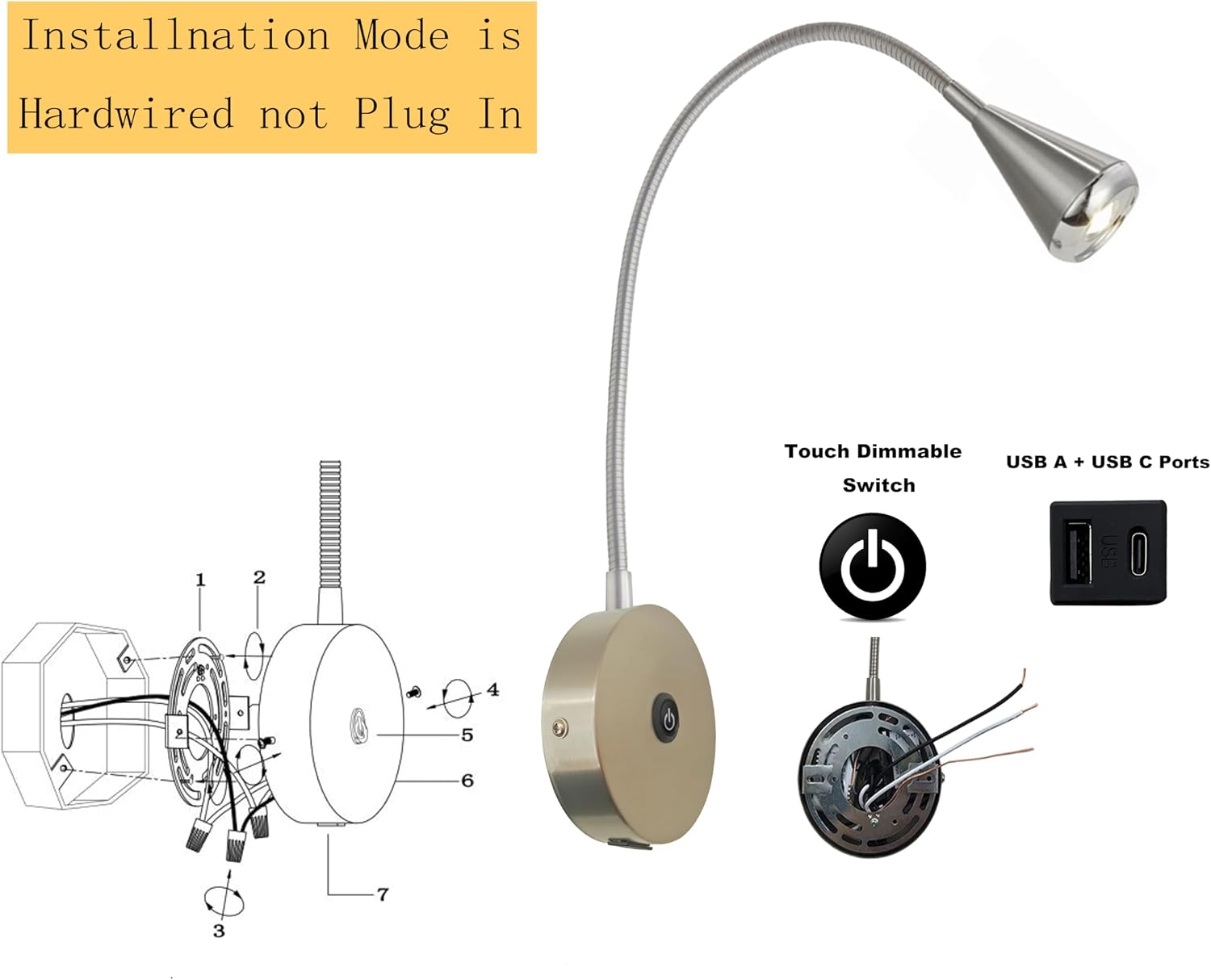 HomeFocus Bedside Reading Wall Light,LED Wall Lamp,Wall Sconces,Nickel