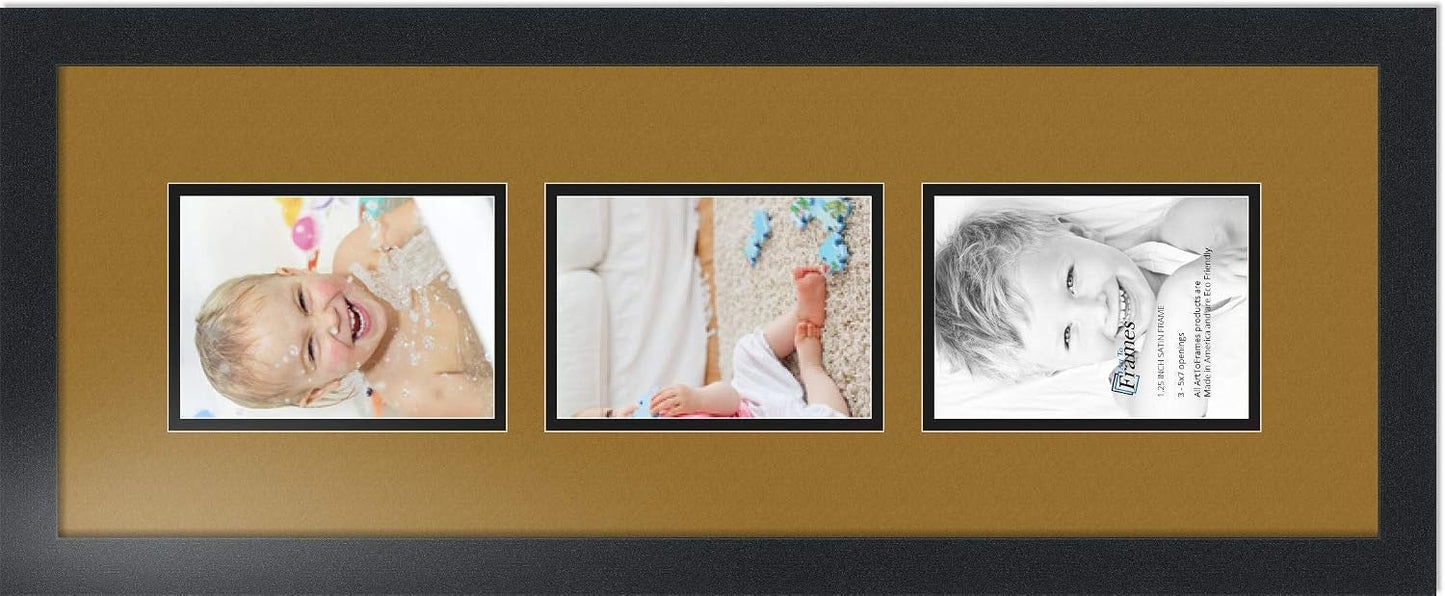 ArtToFrames Collage Photo Frame Double Mat with 3-5x7 Openings with Satin Black Frame and El Dorado mat.