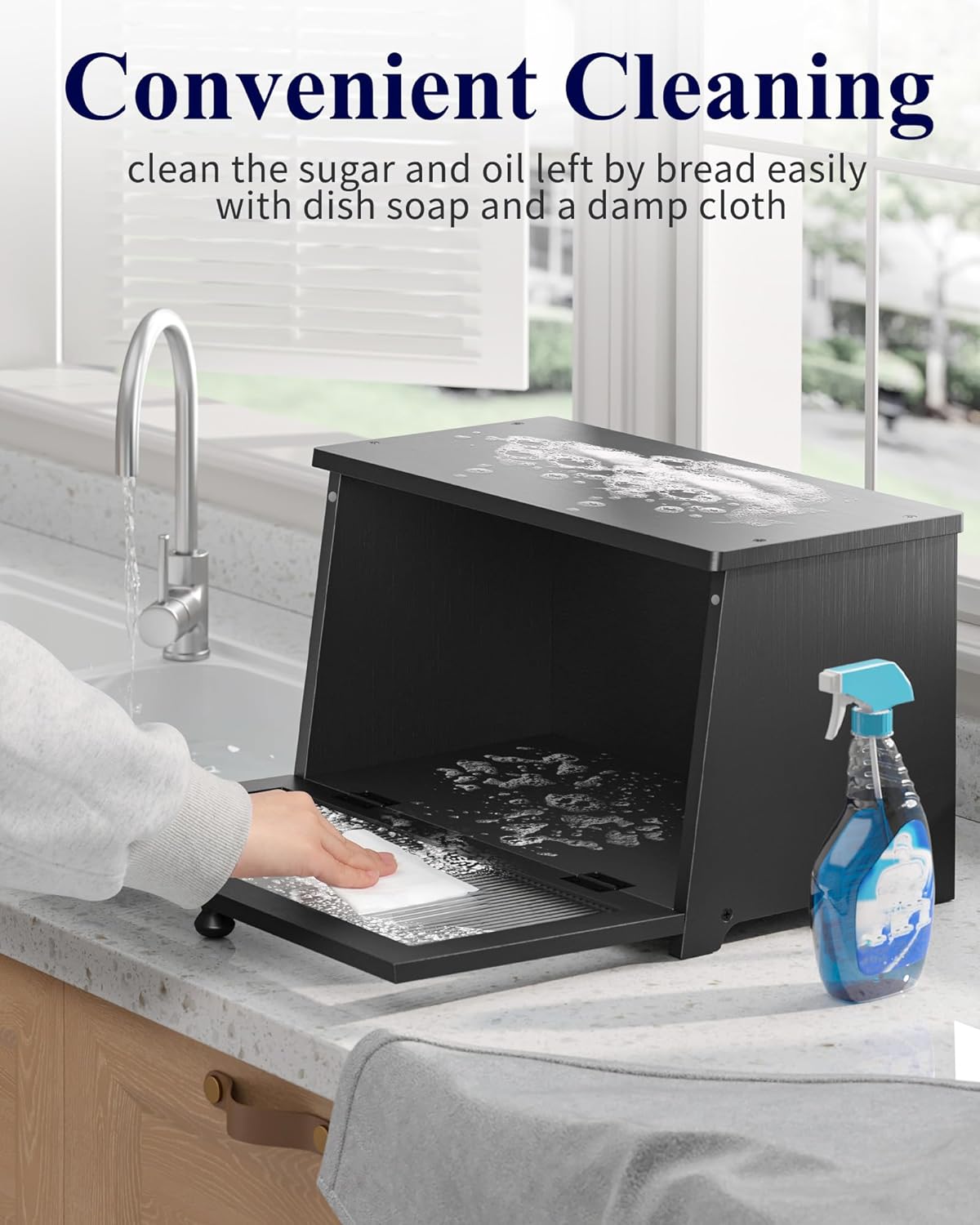 Kitsure Wooden Bread Box for Kitchen Countertop, 1-Tier, Black | Large Capacity Kitchen Countertop Organizer, Stylish