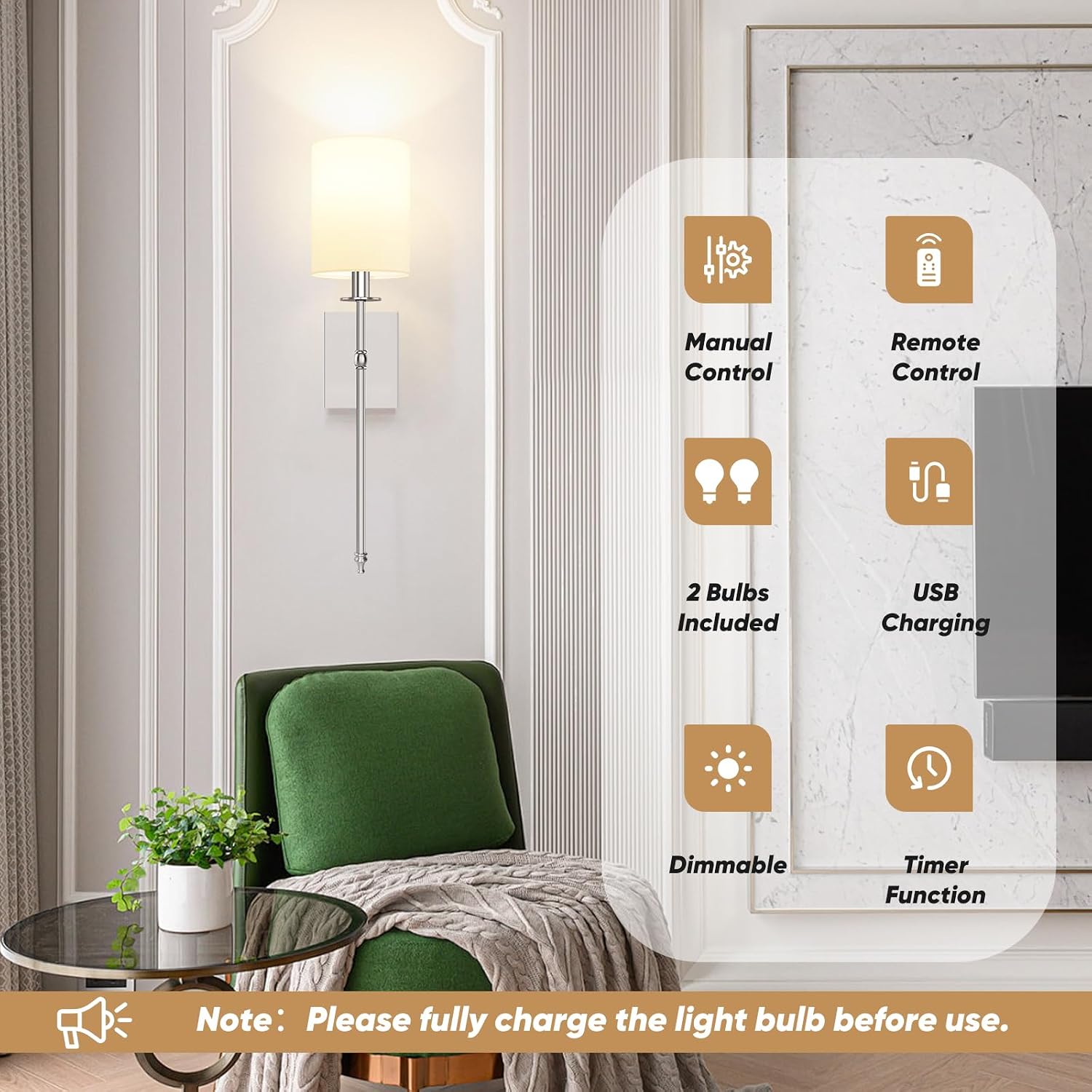 24 Inch Battery Operated Wall Sconces Set of 2 with Remote, Brushed Nickel Rechargeable Wireless Wall Lights with White