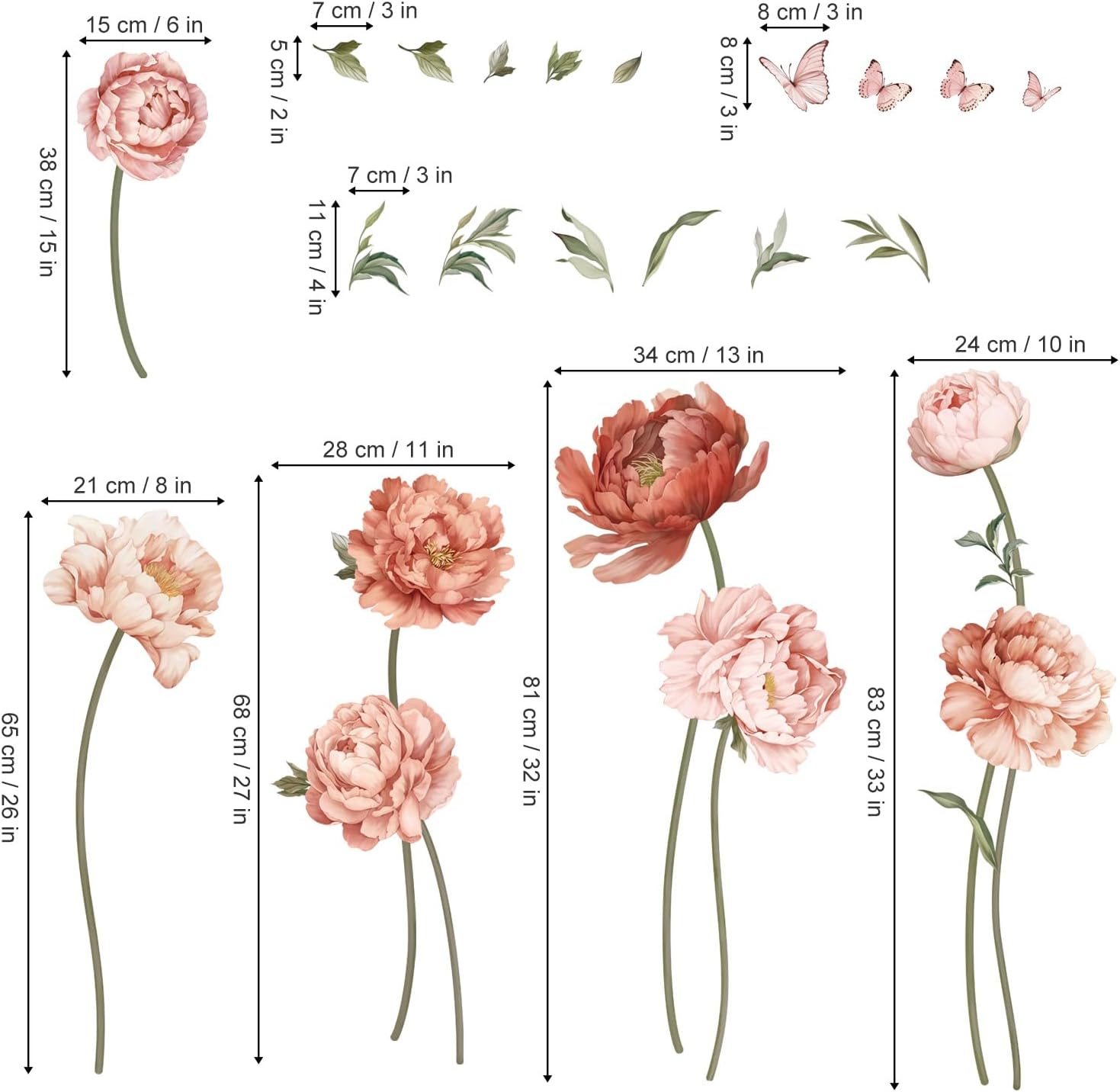 Peony Rose Flower Wall Stickers Boho Floral Peel and Stick Wall Art Decals for Girls Bedroom / Pink
