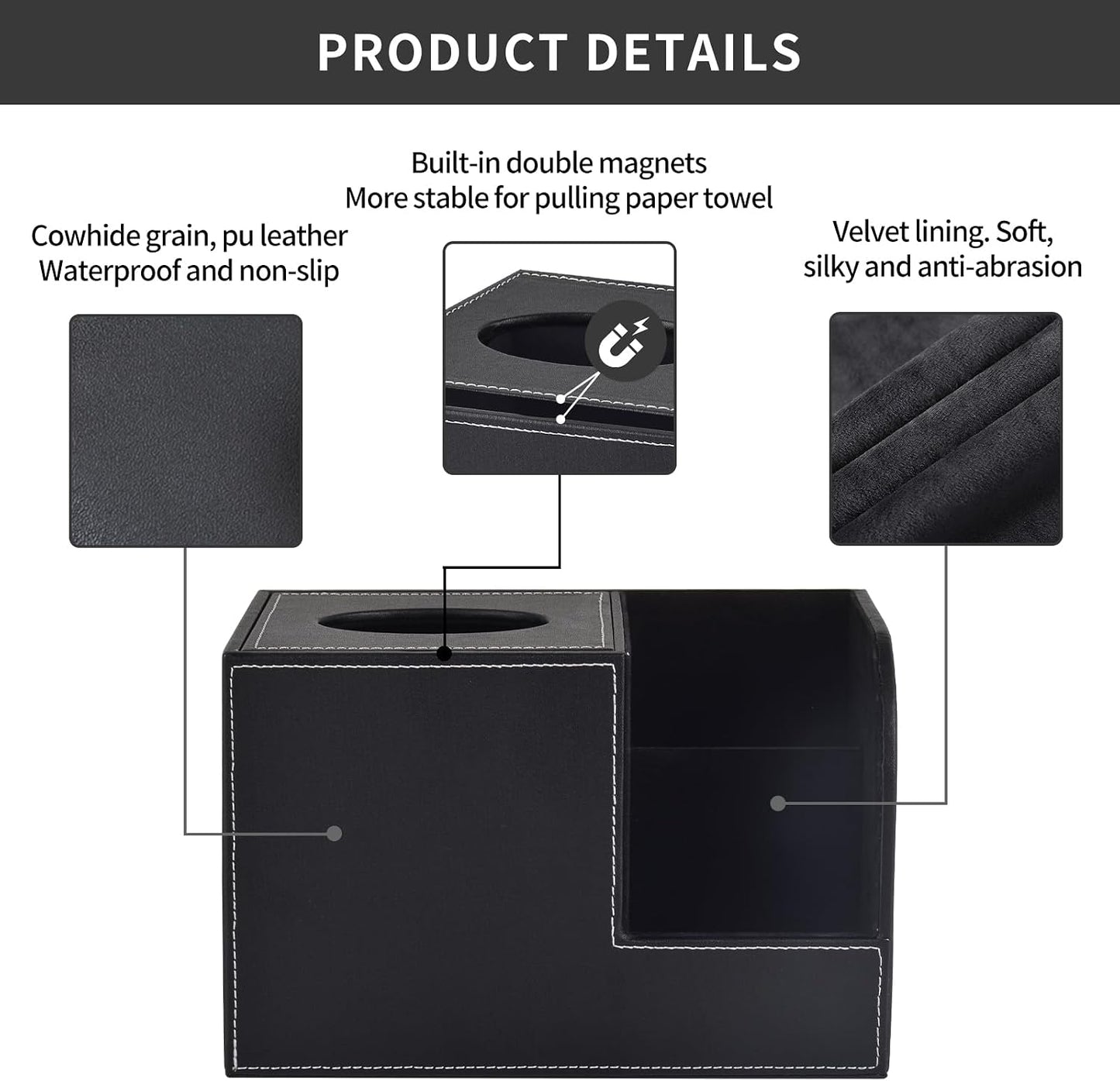 PU Leather Tissue Box Cover with Storage Square-Multifunctional Tissue Holder,Remote Control Holder,Decorative Tissues