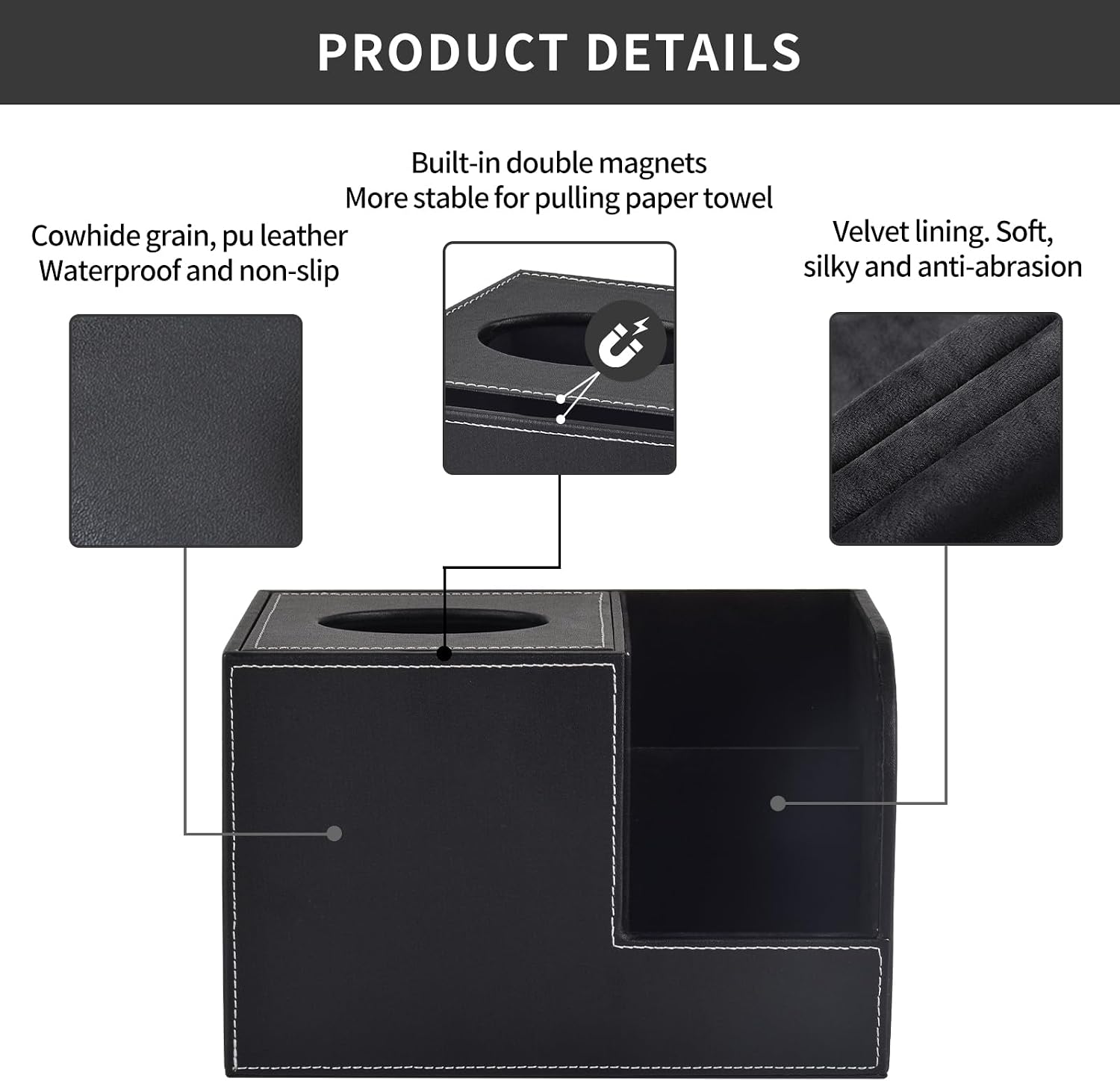 PU Leather Tissue Box Cover with Storage Square-Multifunctional Tissue Holder,Remote Control Holder,Decorative Tissues