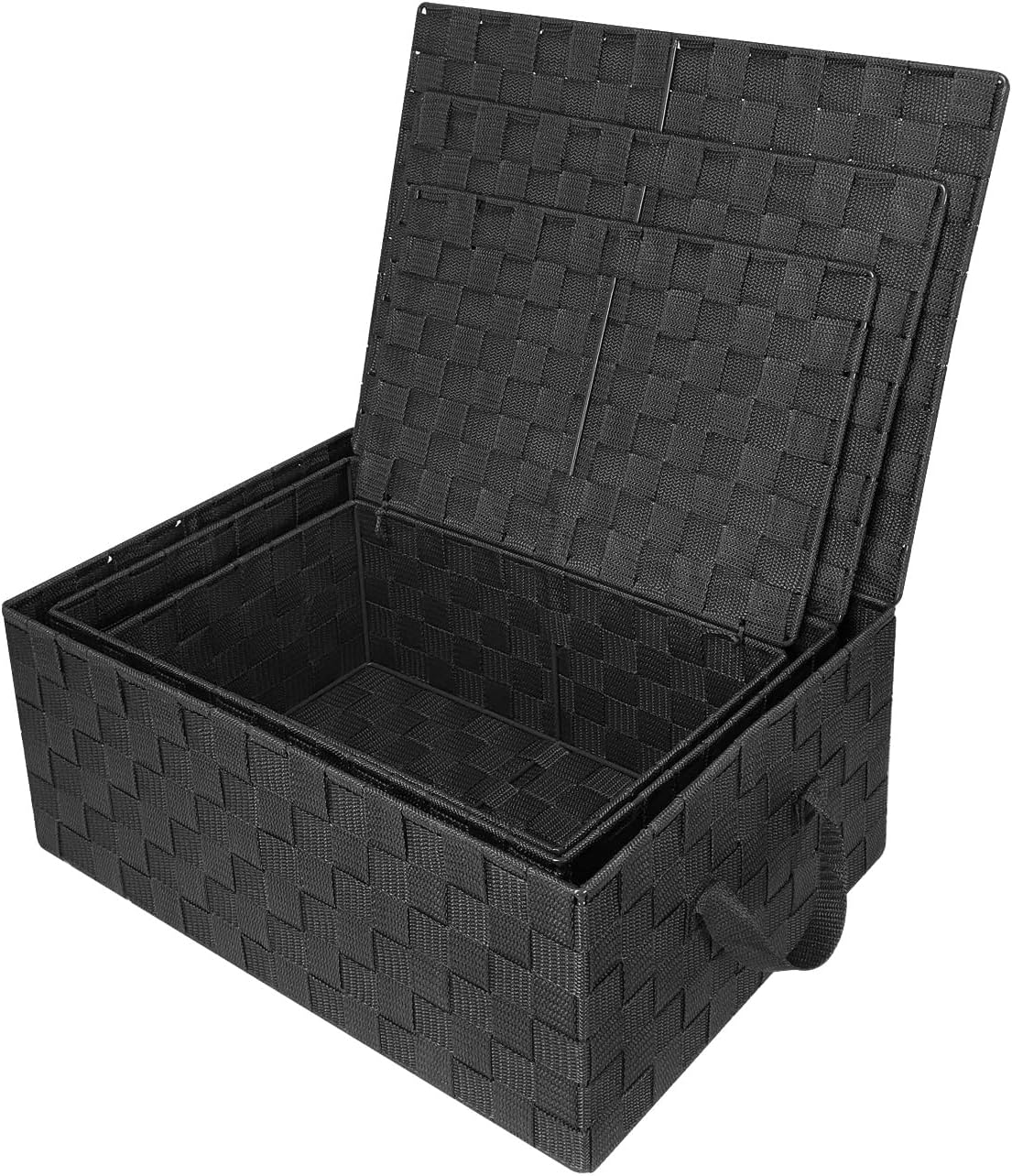 Hand-Woven Storage Baskets / Woven Lid Baskets - Black / Set of 3