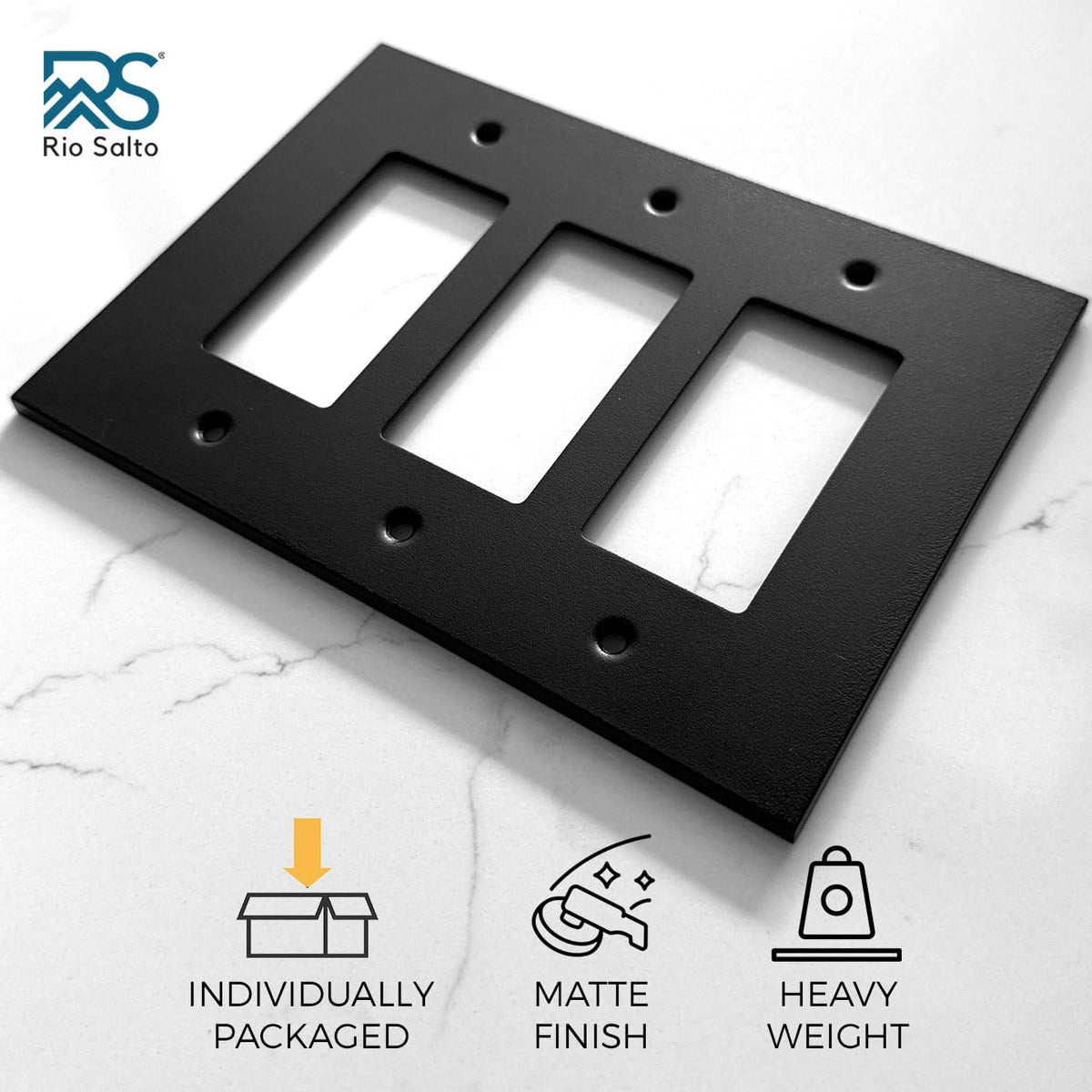 Rio Salto Forge Collection Decorative Matte Black Metal Outlet Covers, Light Switch Cover Plate, Heavy Gauge 3-Gang