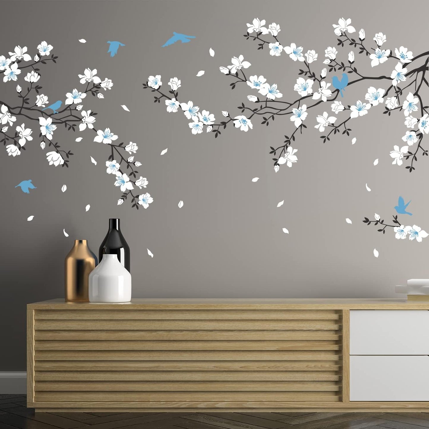 Wall Stickers / Cherry Blossom Wall Decal Birds on Tree Branch Art Sticker / Blue White Flower