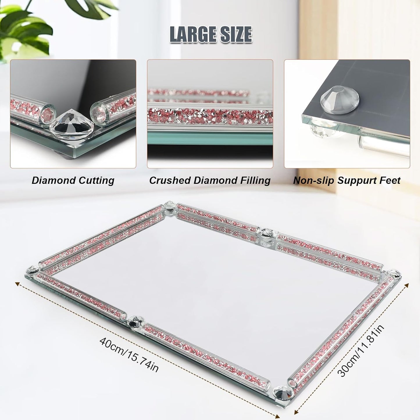 Crushed Diamond Filled Glass Vanity Tray / Pink / 15.7 x 11.8 x 1.4