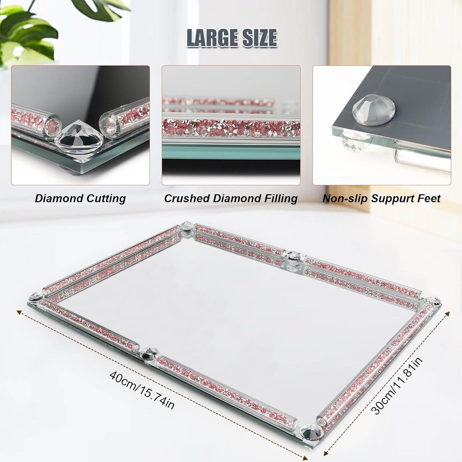 Crushed Diamond Filled Glass Vanity Tray / Pink / 15.7 x 11.8 x 1.4