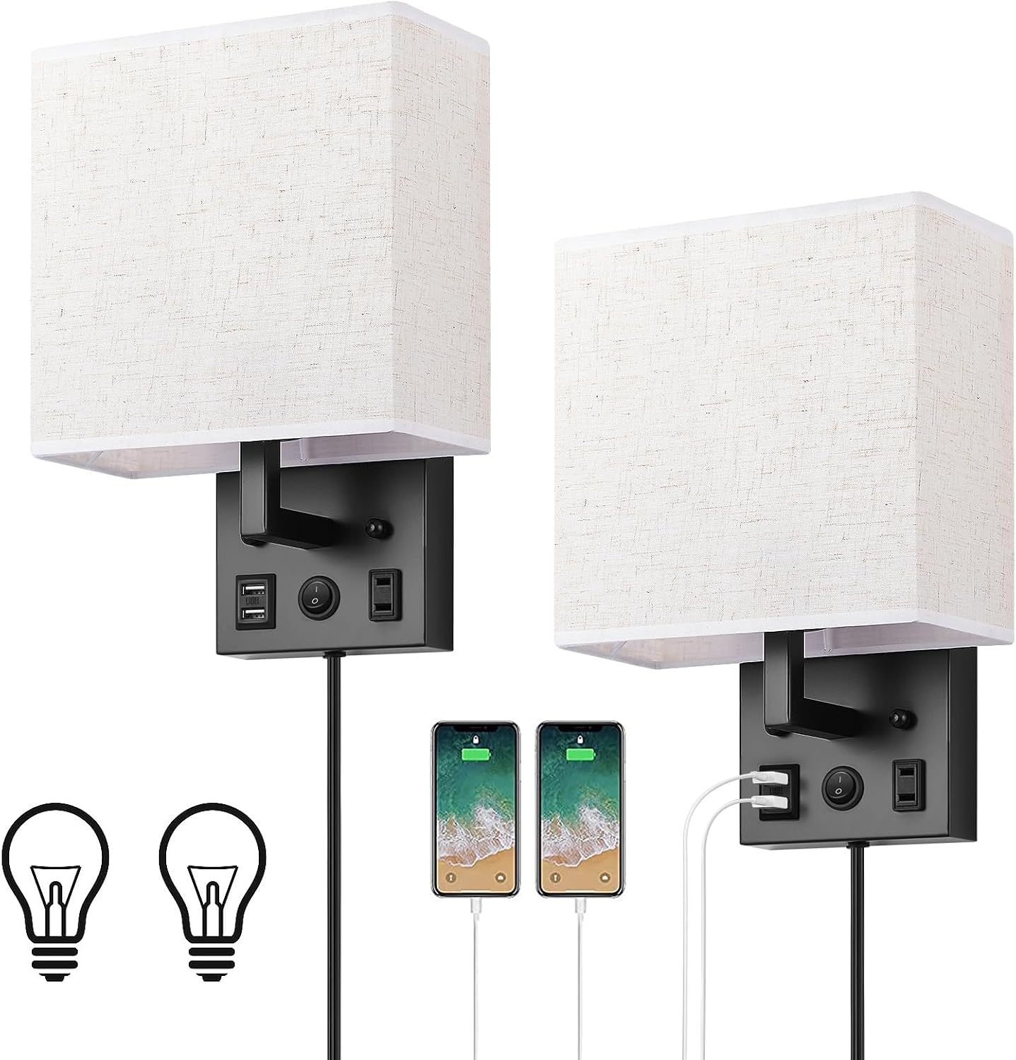HAITRAL Wall Sconces Plug in with Bulbs - Wall Lamps for Bedroom with USB and Outlet,Sconces Wall Decor Set of 2 with
