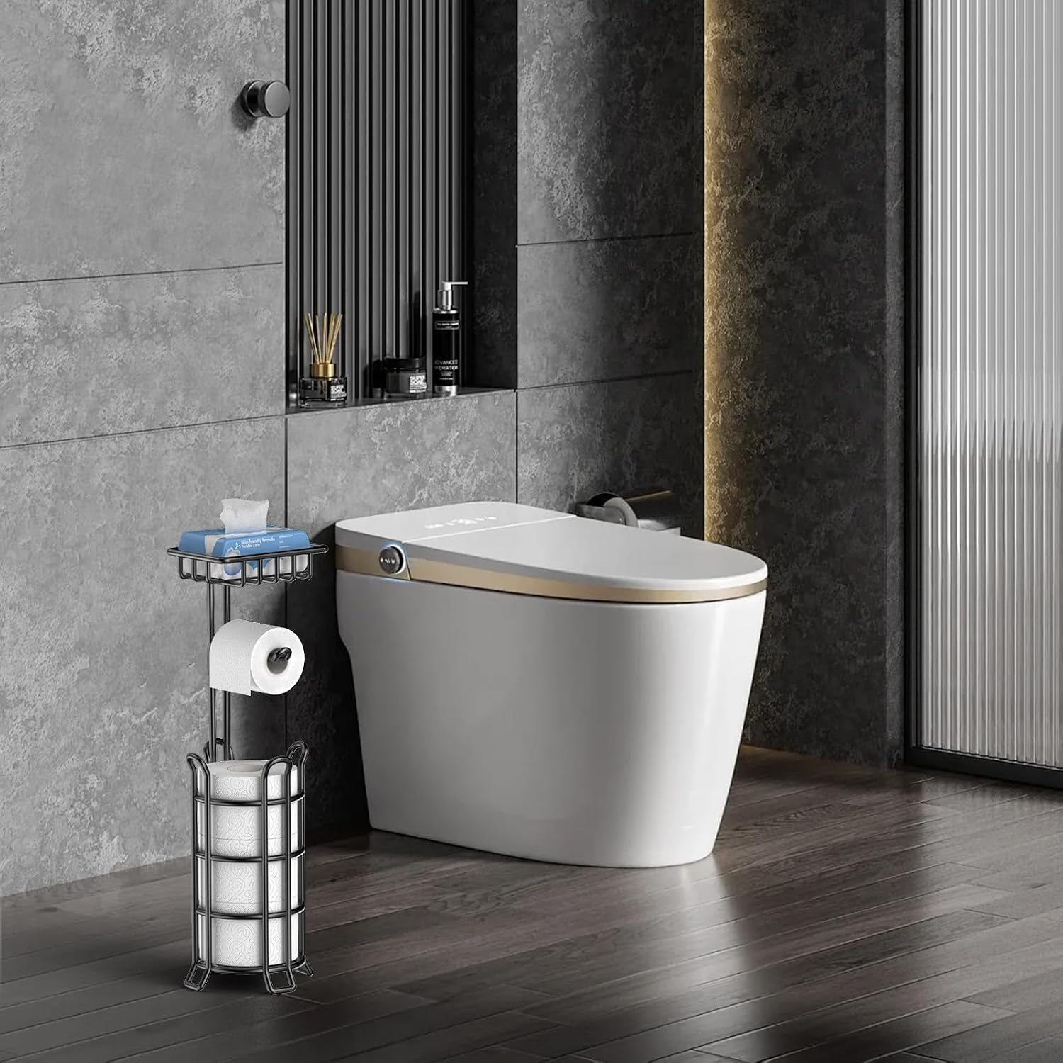 TomCare Toilet Paper Holder Free Standing with Shelf, Stable 4 Raised Feet | Stores 4 Mega Rolls, Tool-Free Assembly