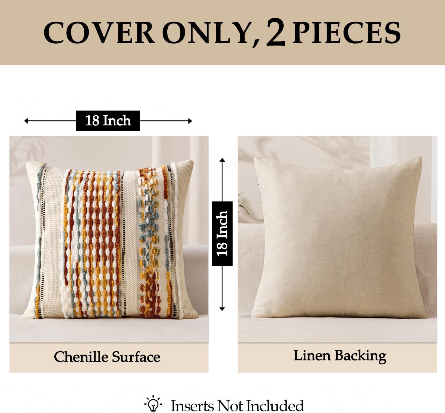 Boho Decorative Throw Pillow Covers Farmhouse Cushion Case / Brown Stripe / 18 x 18 / Set of 2