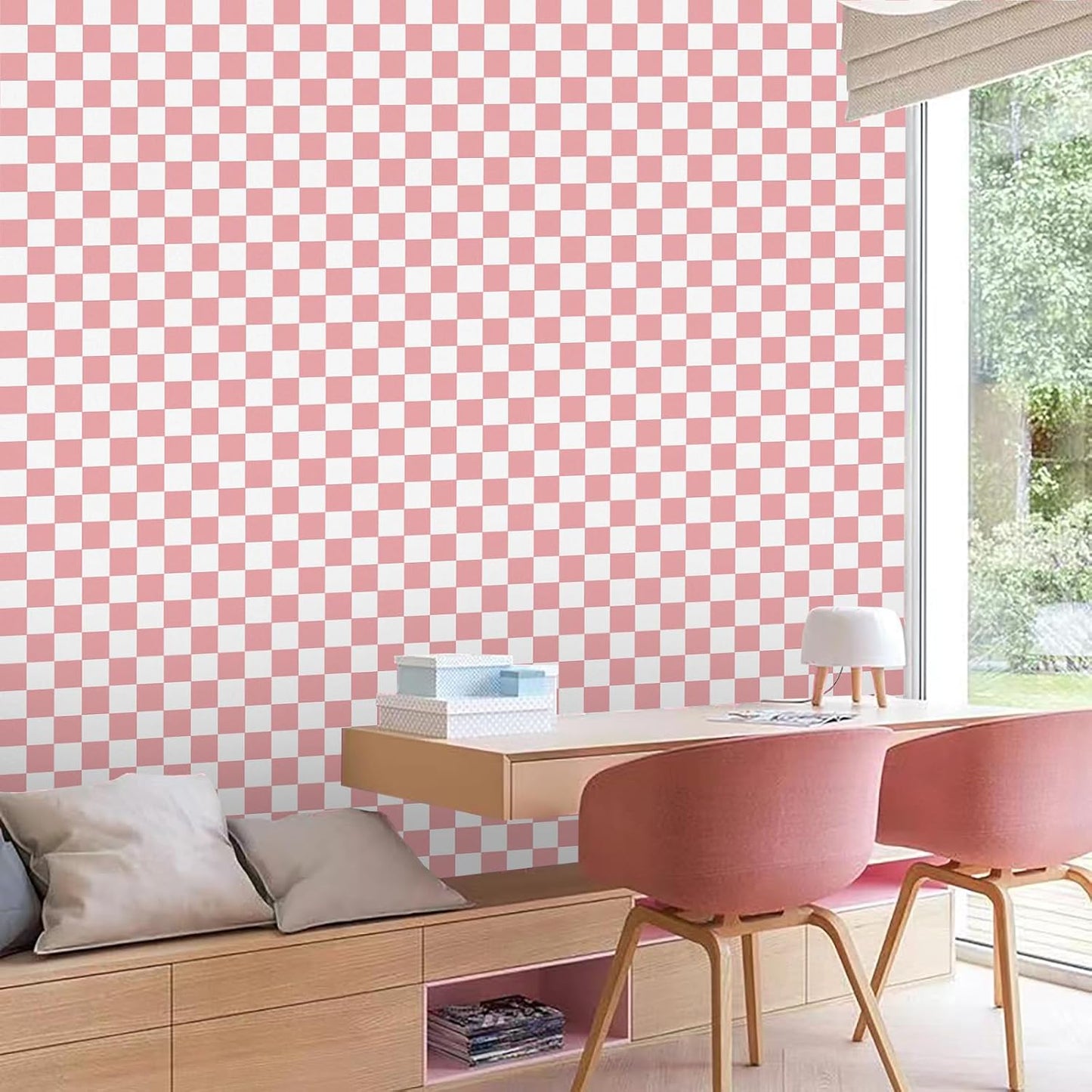 Checkerboard Peel and Stick Wallpaper " and White Contact Paper Self-Adhesive / 17.3 x 300 / Pink