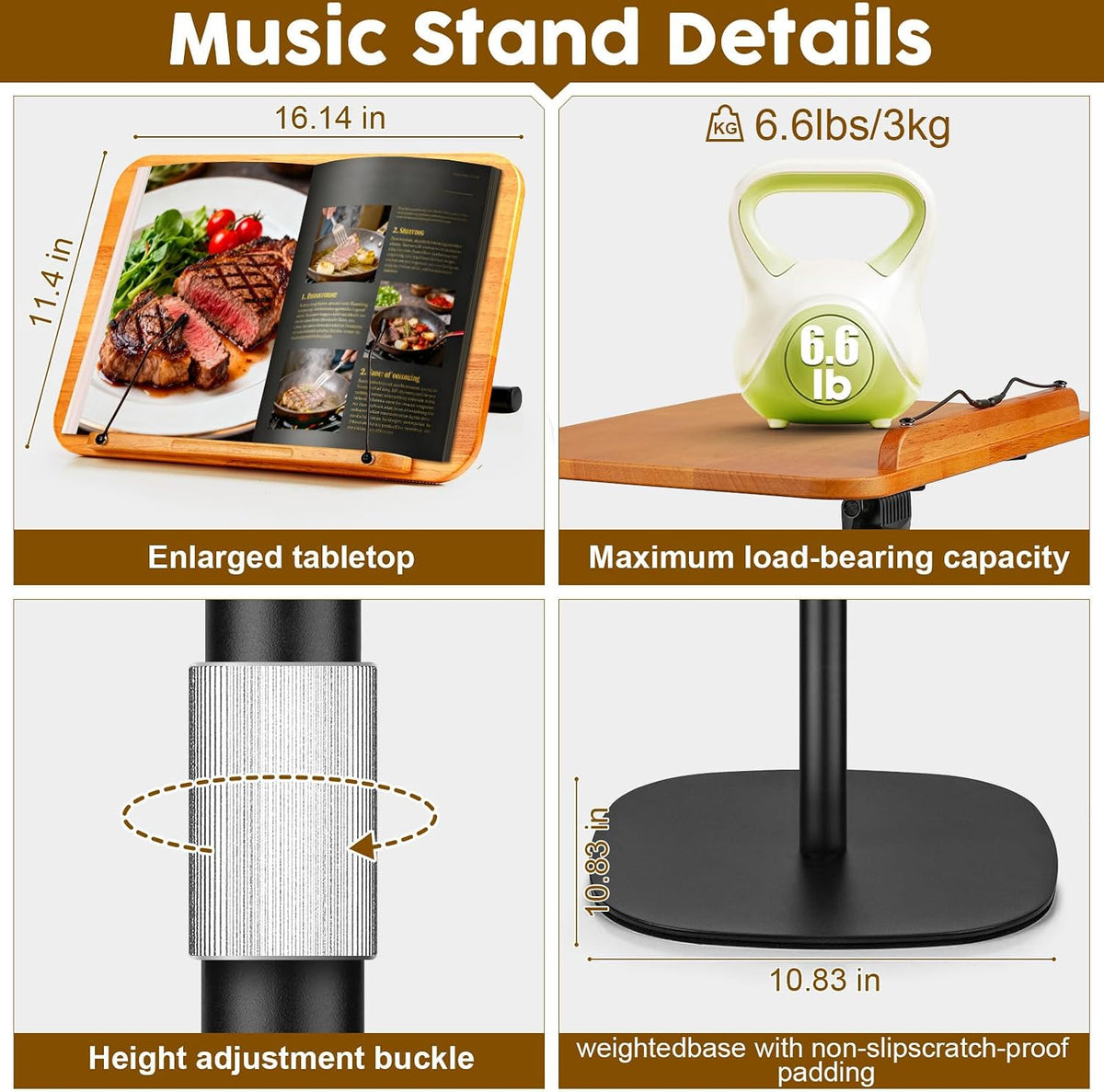 2 in 1 Dual-use Music Stand & Desktop Book Stand, Adjustable Height 16.5"-51", 100% Solid Wood Laptop Floor Stand Book