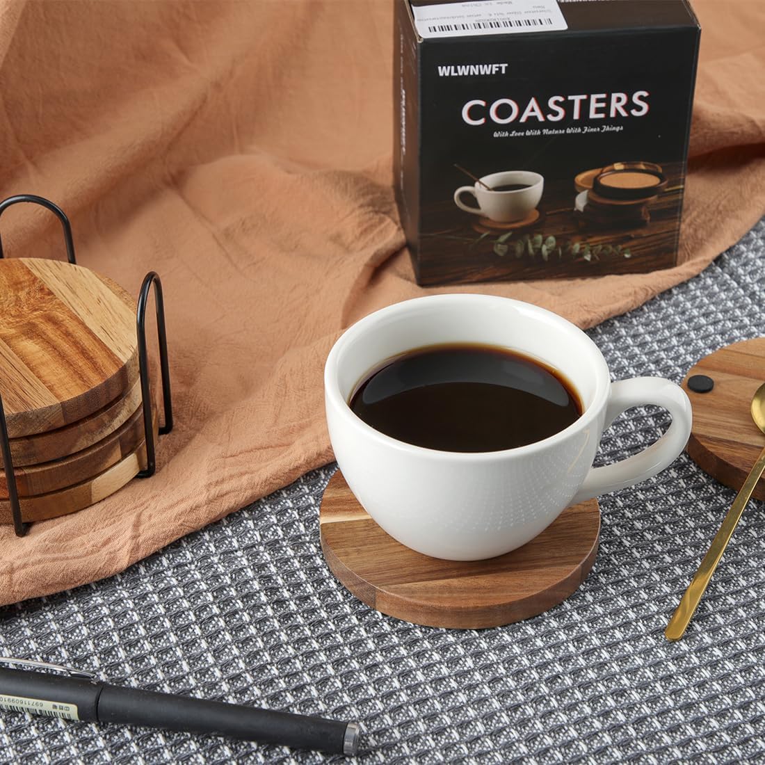 Holder / Acacia Wooden Coaster / Country Rustic / Set of 6