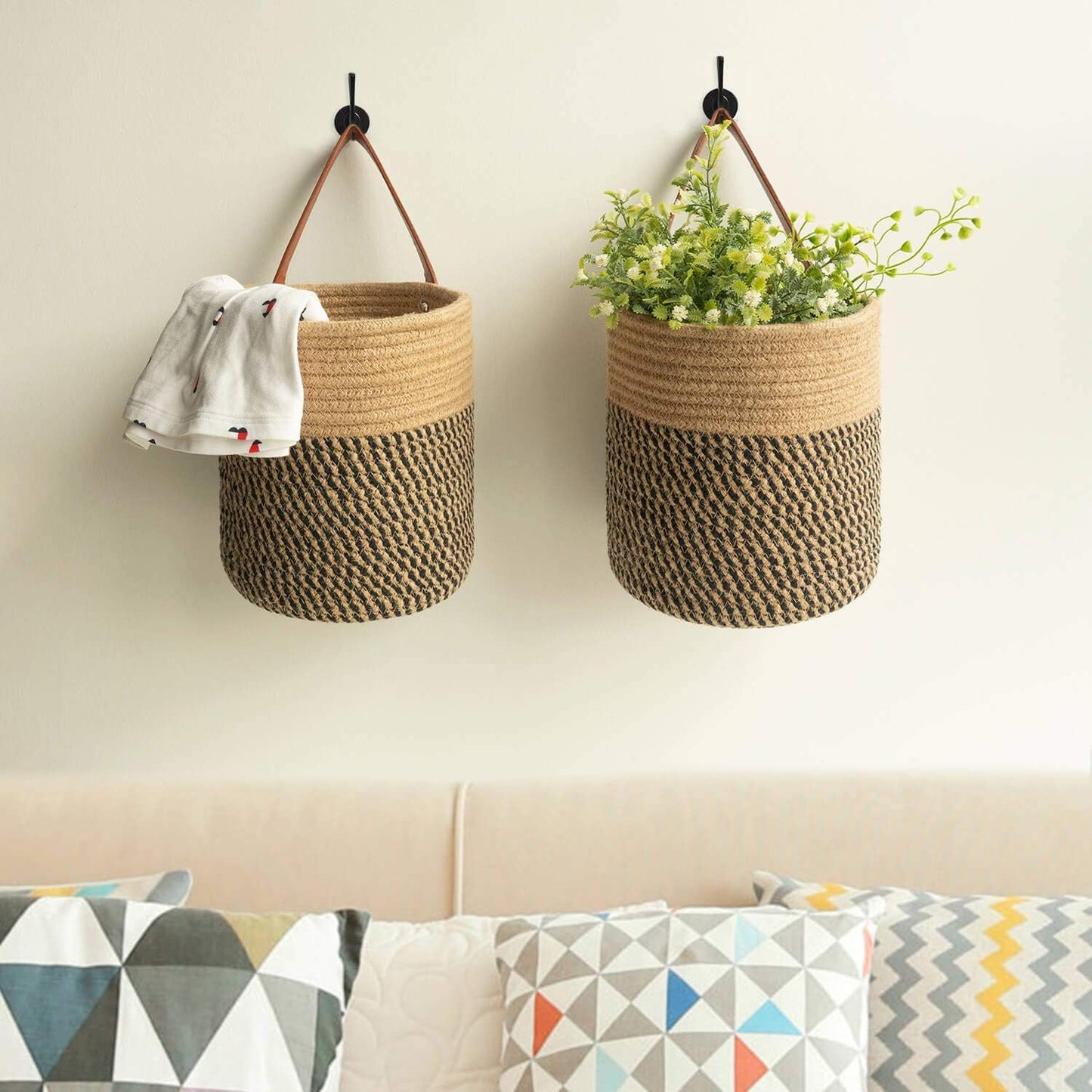 Small Woven Fern Wall Hanging Basket Flower Plants / Jute & Black / 7.87 x 7 / Set of 2