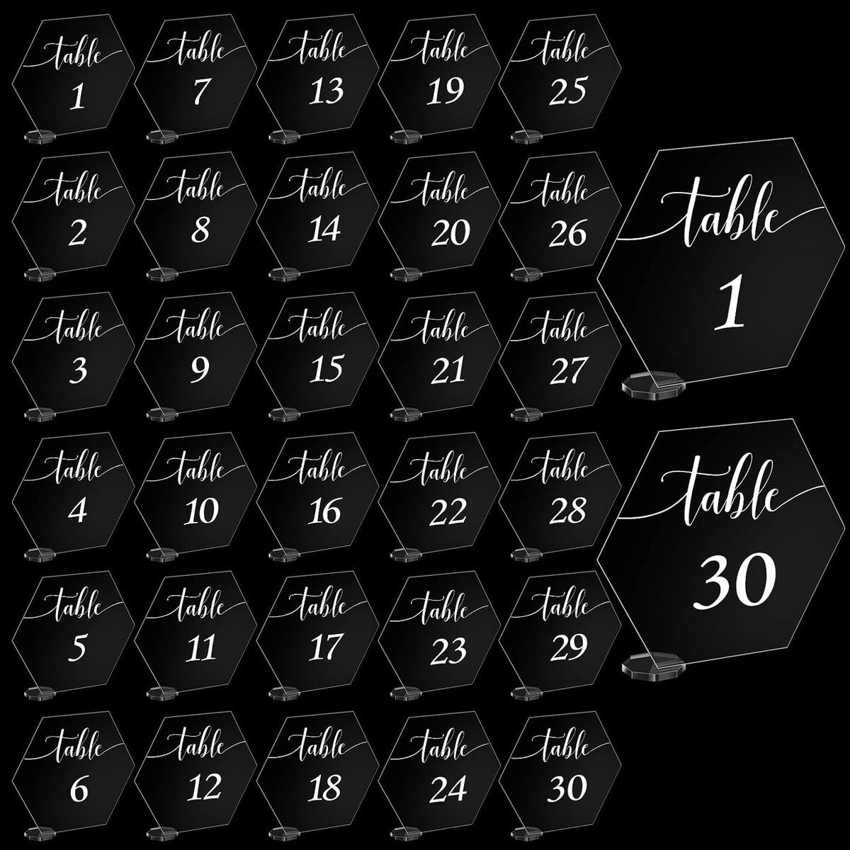 30 Pieces Acrylic Table Numbers 1-30 for Wedding Reception Clear Table Number Signs 1-30 with Stand Hexagonal Rectangle