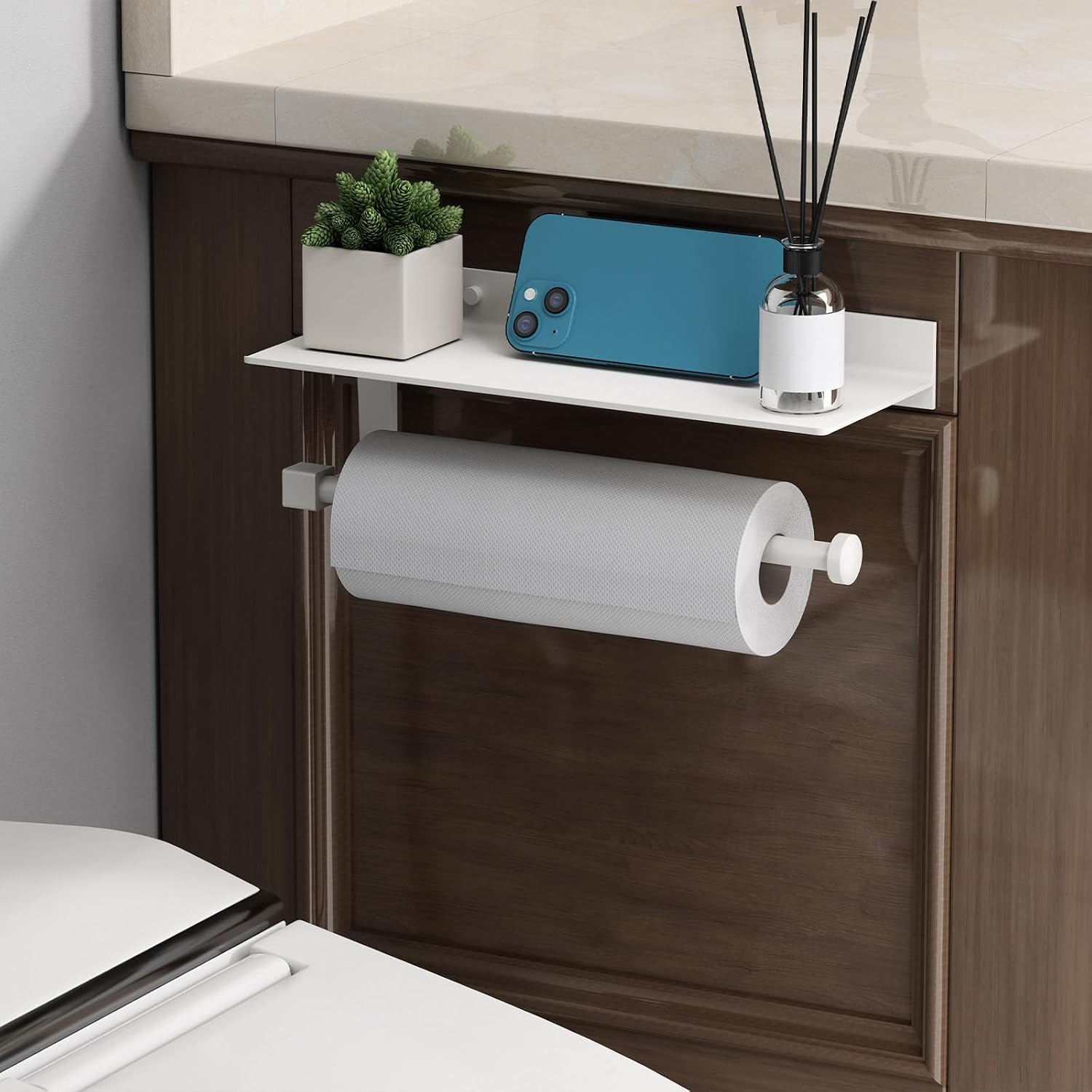 White Paper Towel Holder with Shelf Wall Mount, Adhesive Hand Towel Holder for Bathroom, Kitchen Towel Holder