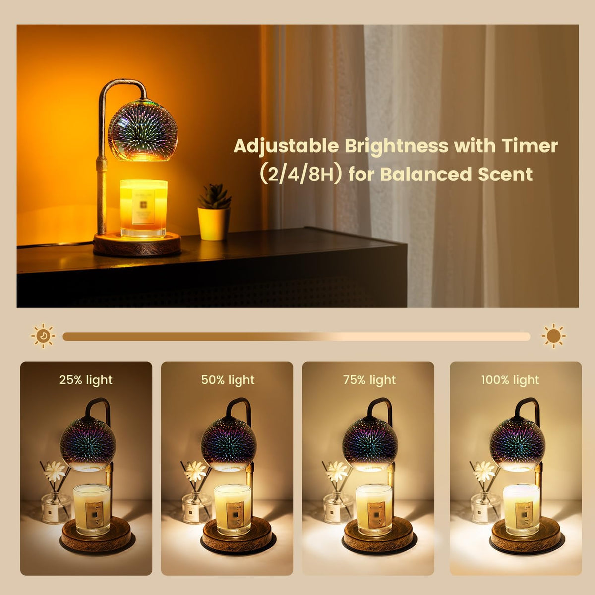 Glocusent Candle Warmer Lamp with Timer, Dimmable, Adjustable Retro 2 Bulbs | 3D Glass Globe with Firework Patterns