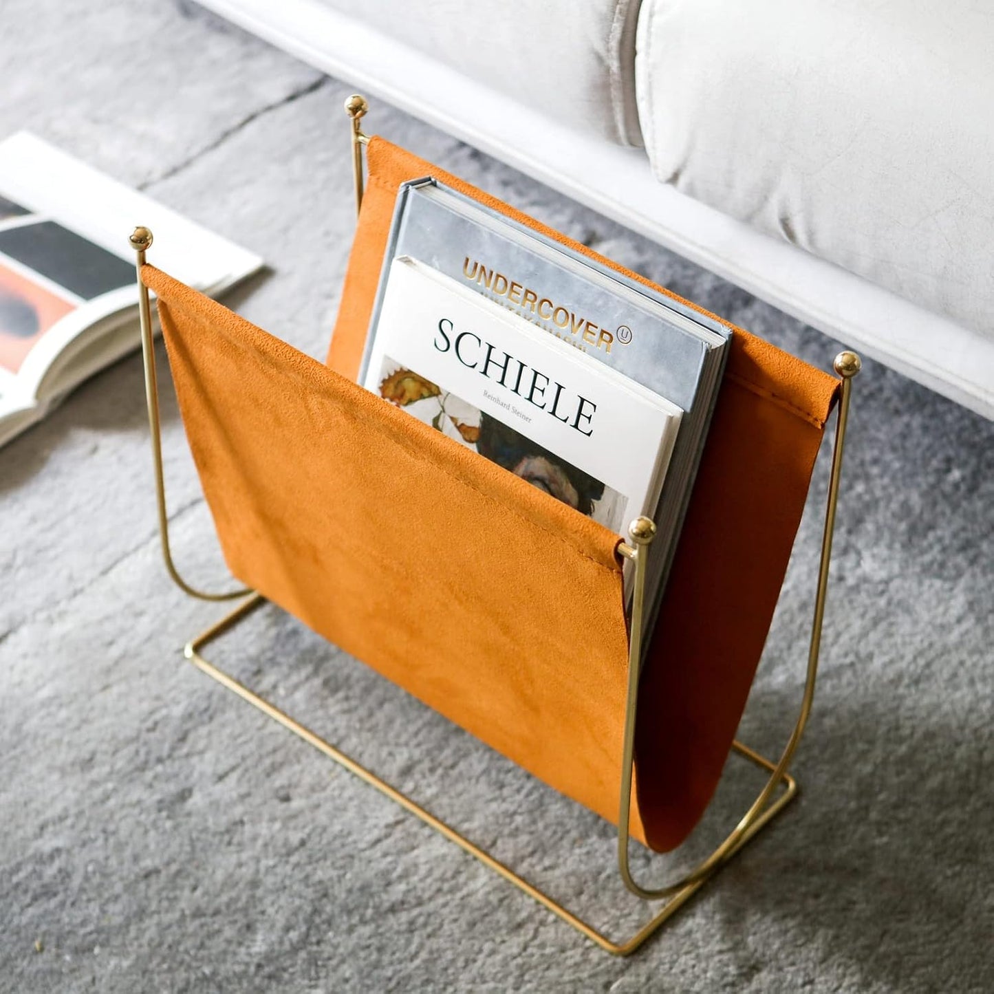 Plated Metal Wire and Suede Leather Magazine Holder Rack, Standing Rack for Magazines, Books, Newspapers, Home Staging