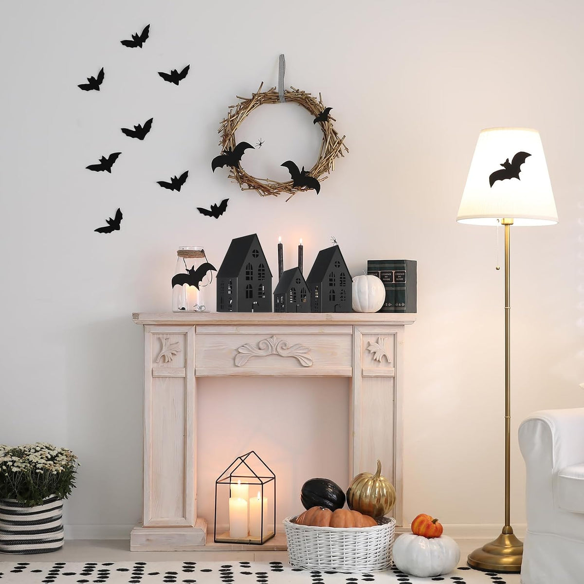 Beeveer 3 Pack Halloween Black Metal Houses Tabletop Pre-lit Lanterns | Haunted Village Sculpture with Hollow Cutouts